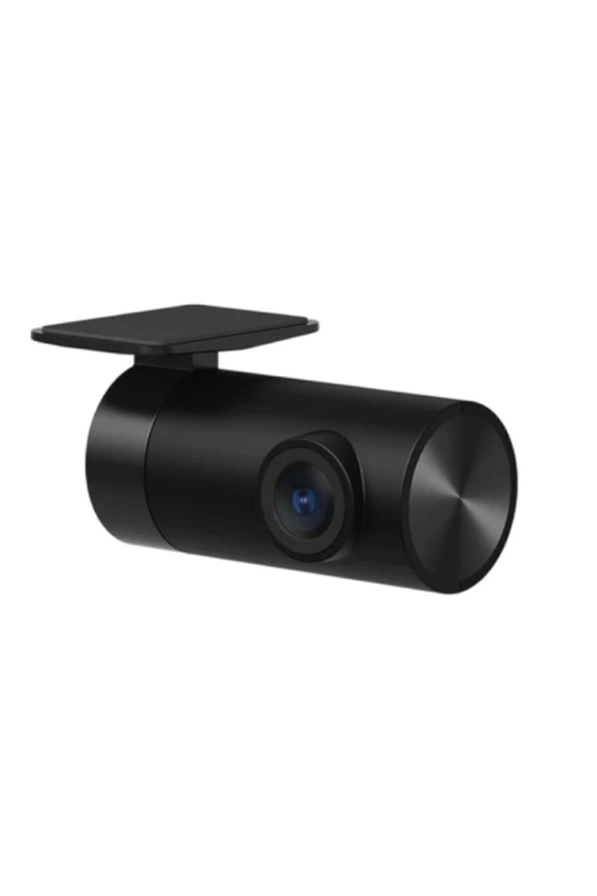 Una dashcam nera con obiettivo e un piccolo schermo. È cilindrica e montata su una base. Lo sfondo è bianco.