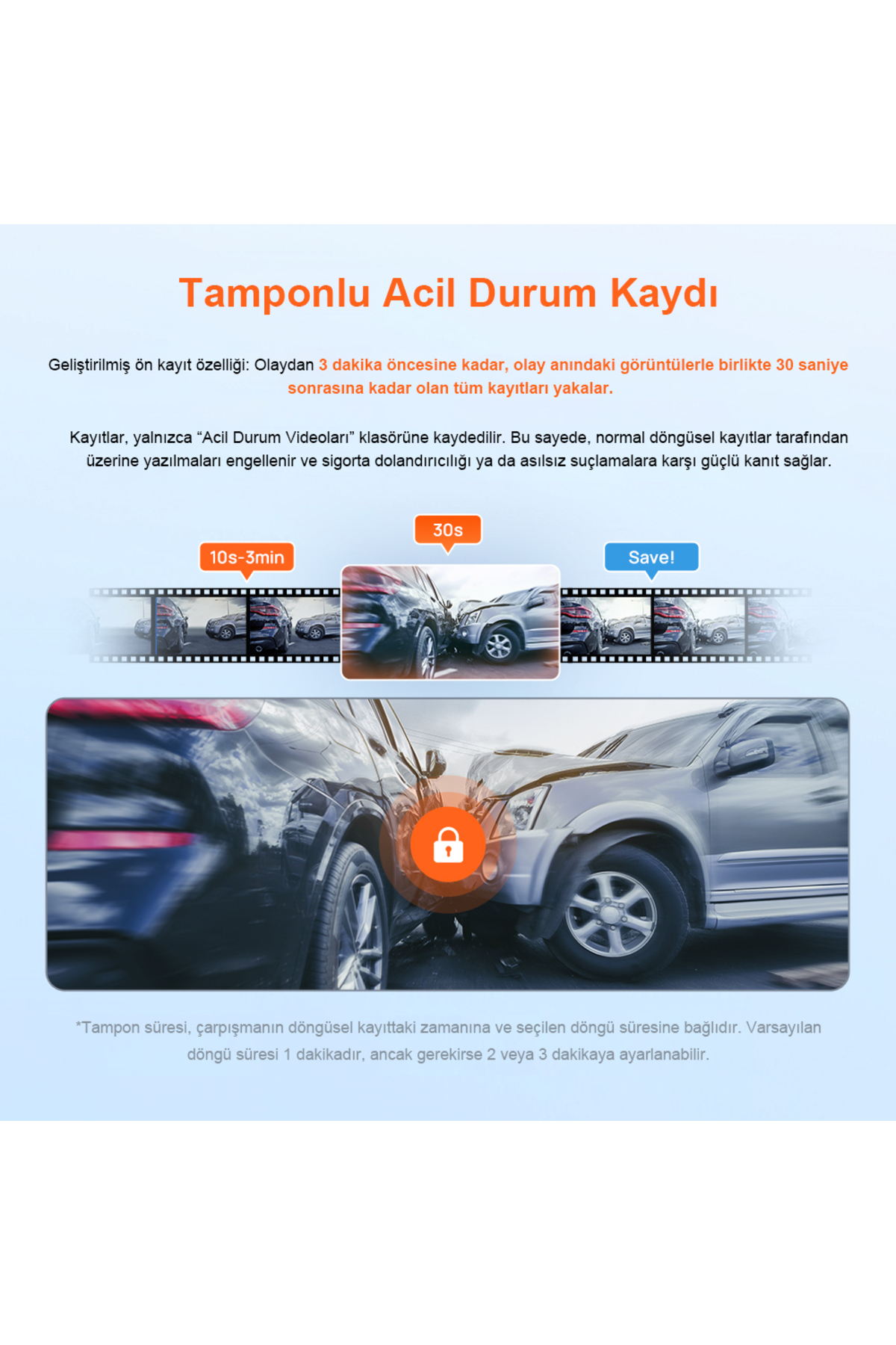 L'immagine mostra un incidente d'auto con un'icona a forma di lucchetto. Il testo indica che la registrazione di emergenza cattura eventi prima e dopo.