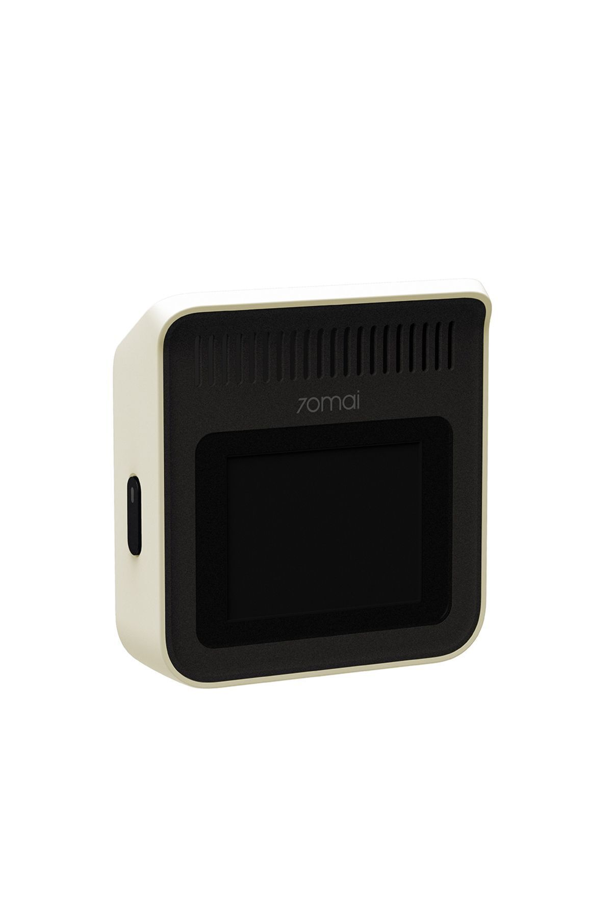 Una dashcam color crema con schermo nero e bordo nero. Il marchio '70mai' è visibile.
