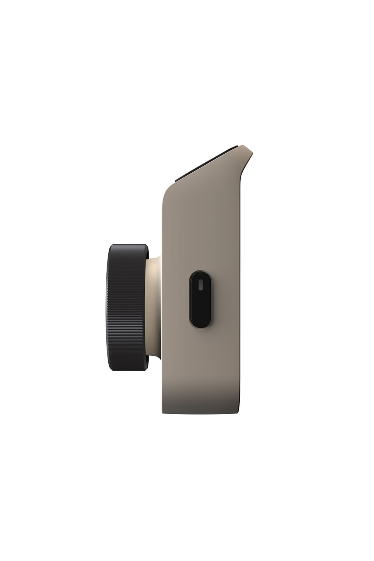 Una fotocamera beige con obiettivo e pulsante neri, su sfondo bianco. L'obiettivo è a sinistra.