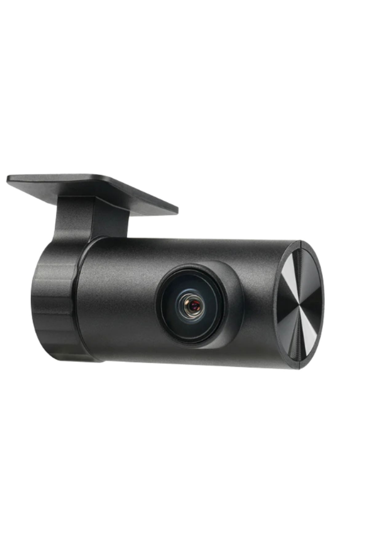Una dash cam nera con lente, braccio di montaggio e tappo metallico, su sfondo bianco.
