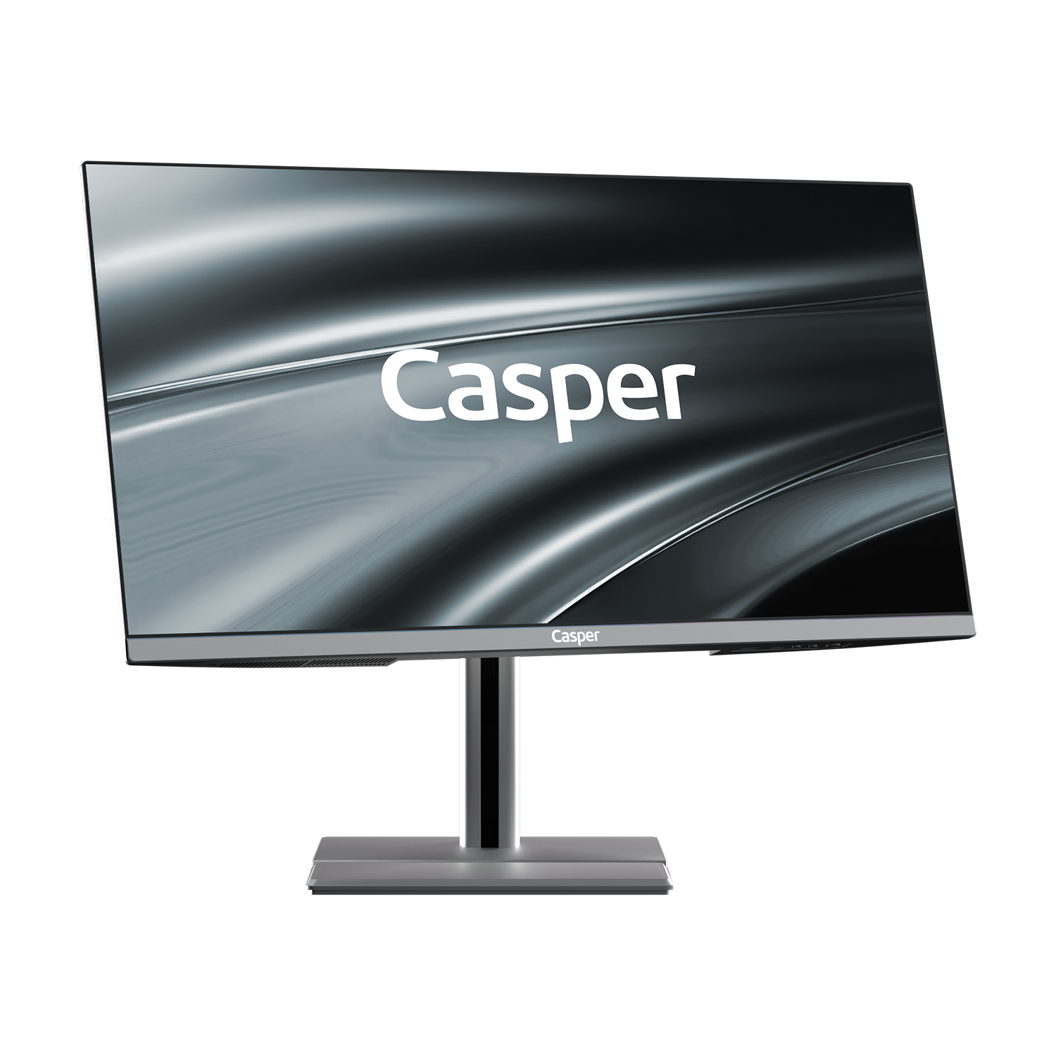 Gri bir stand üzerinde bir Casper monitör. Ekran, Casper logosunu görüntüler. Arka plan, gümüş ve siyah bir gradyandır.
