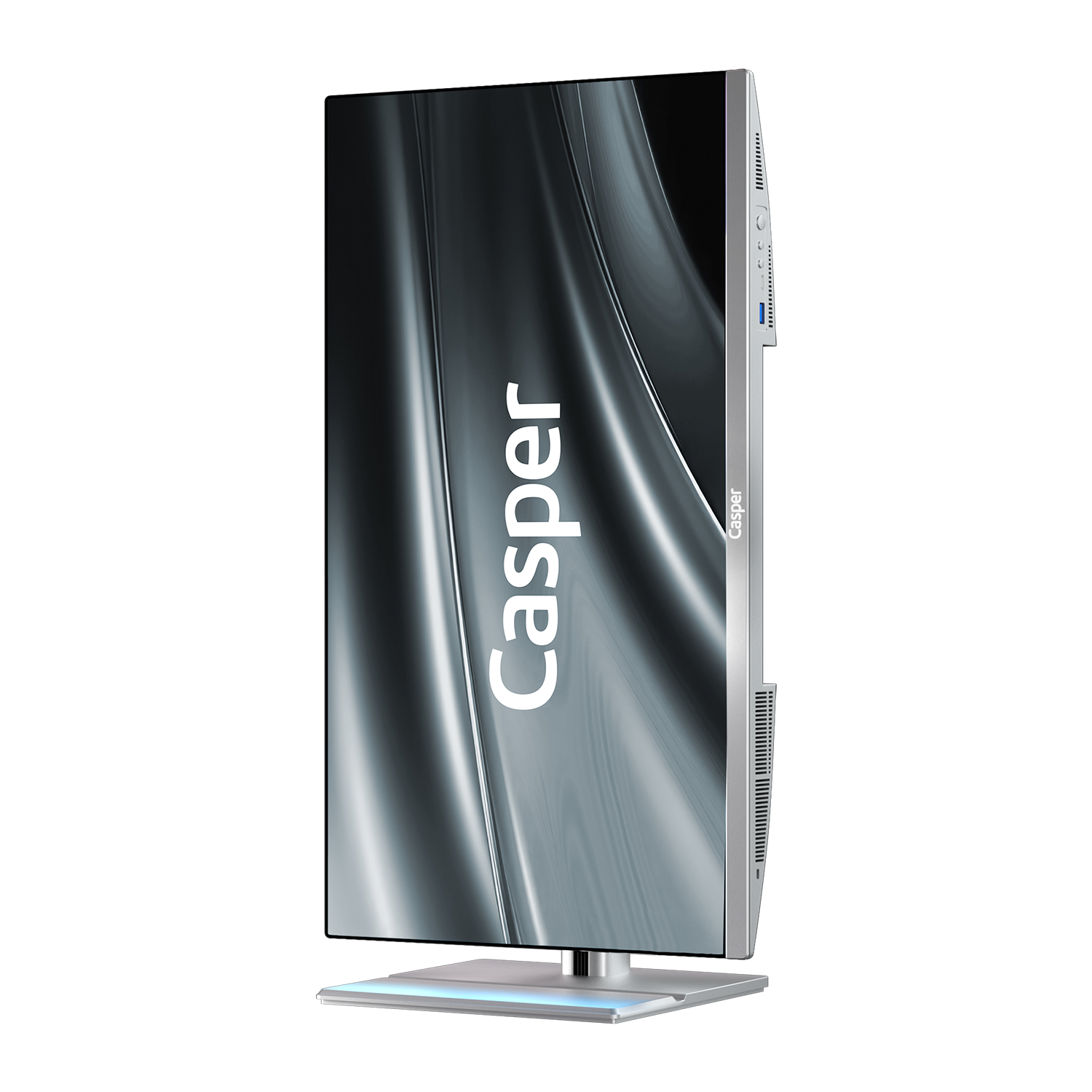 Modern bir Casper monitör. Gümüş bir çerçeveye, parlak bir ekrana ve beyaz bir 'Casper' logosuna sahip. Ekran, dalgalı, ışık yansıtan bir desen gösteriyor.