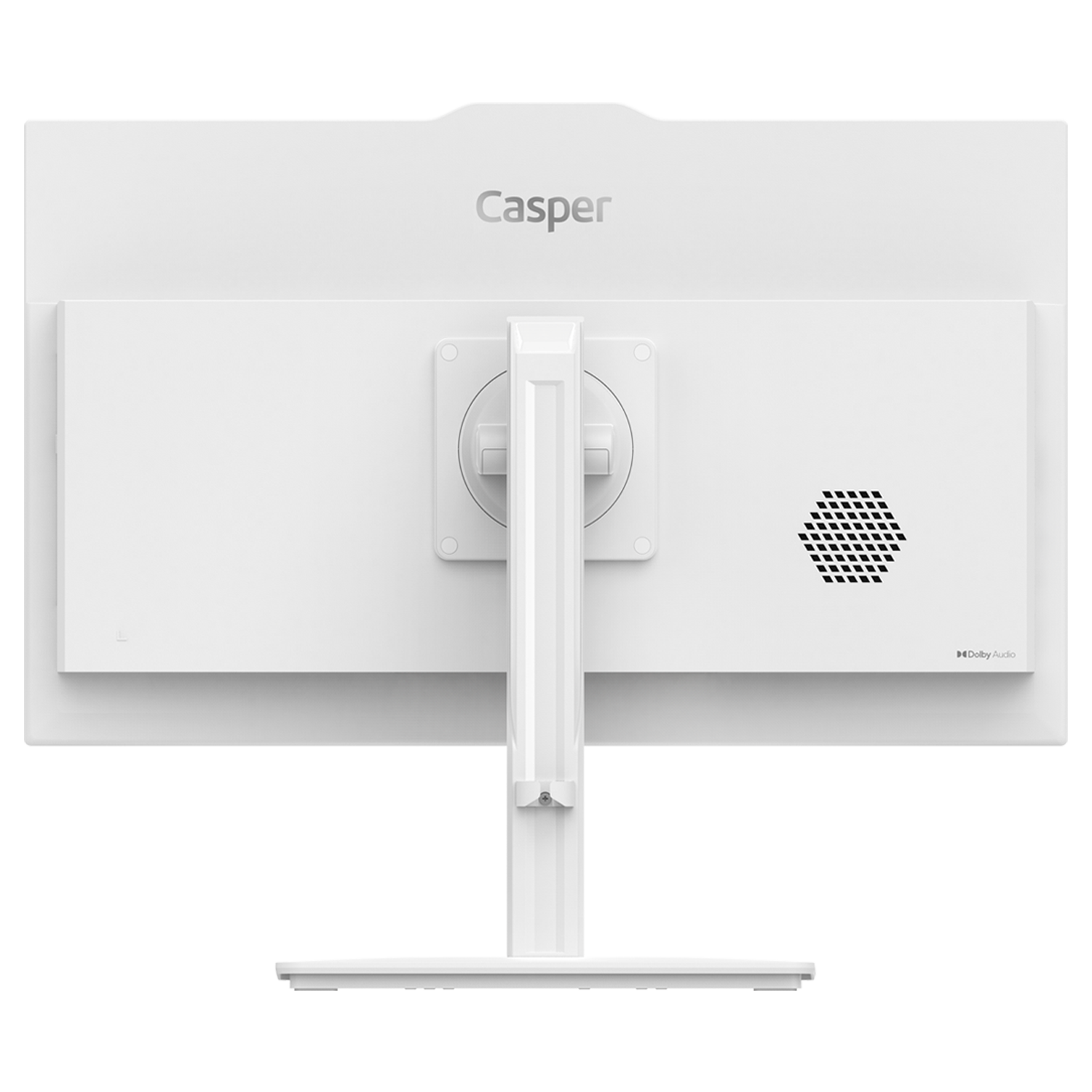 Beyaz Casper monitörün arkası. Bir standı, havalandırması ve Dolby Audio logosu var. Marka adı üstte görünüyor.