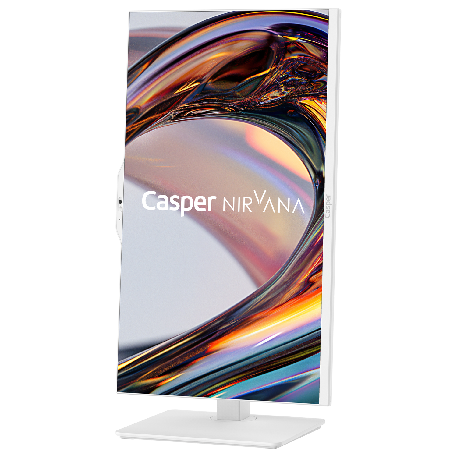 Ekranda "Casper NIRVANA" yazan beyaz bir bilgisayar monitörü. Ekran, renkli, dönen bir desen gösteriyor.