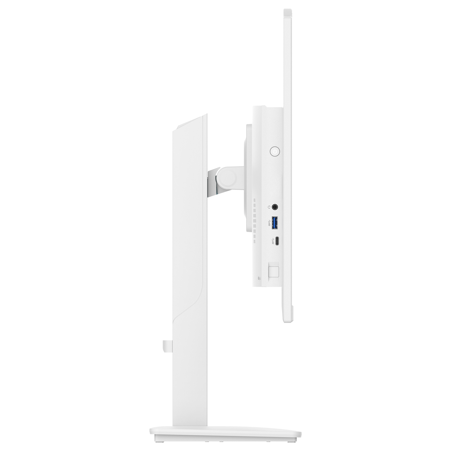 Beyaz bir bilgisayar monitörü yandan görünüşü. Bir standı, ekranı ve çeşitli bağlantı noktaları var. Monitör temiz ve moderndir.