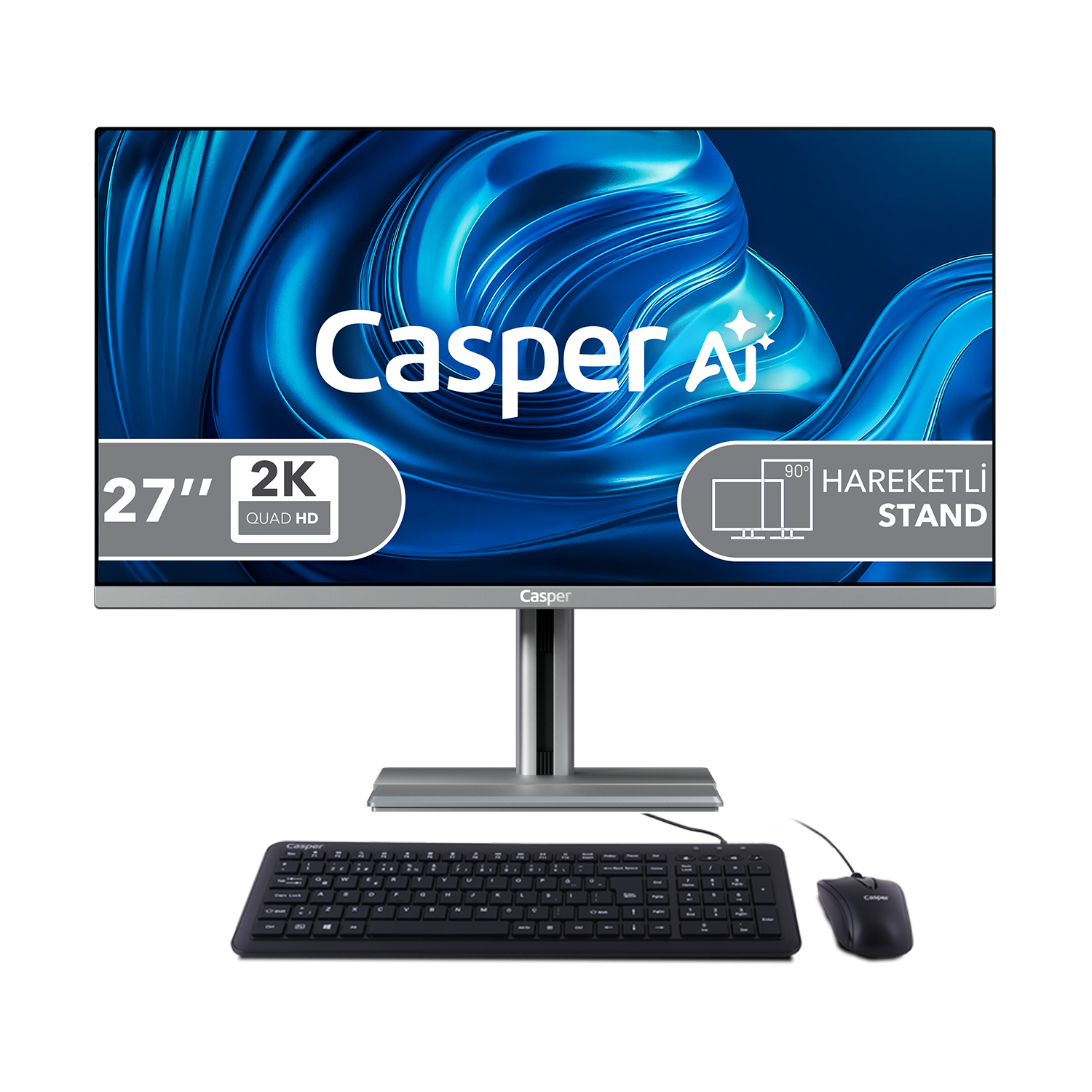 Klavyeli ve fareli bir Casper A+ 27 inç monitör. Ekran mavi soyut bir arka plan gösteriyor.