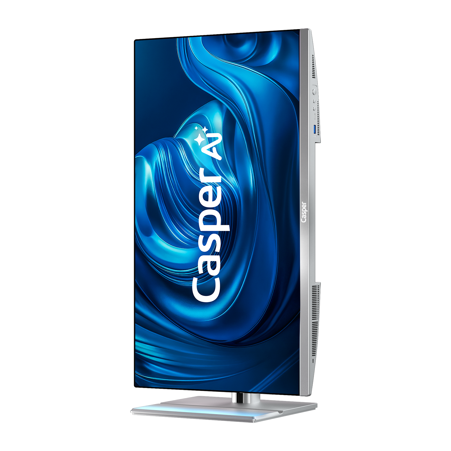 Beyaz zemin üzerinde bir Casper TV. Ekran, mavi, akan bir tasarım gösteriyor. TV, Casper logosu ile gümüş renginde.