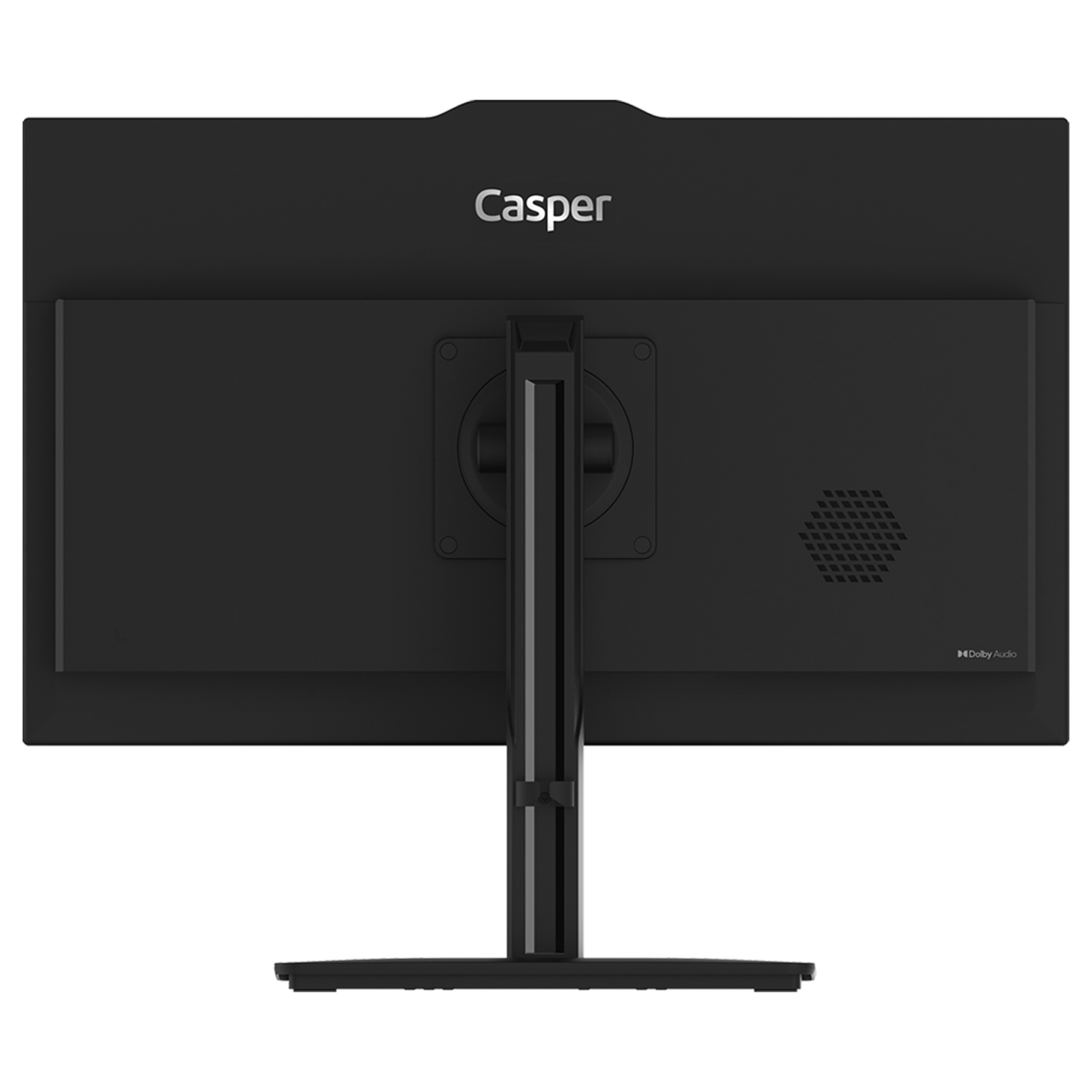 Siyah bir Casper monitörünün arkadan görünümü. Bir standı, bir hoparlörü ve Dolby Audio logosu var. Casper logosu üstte.
