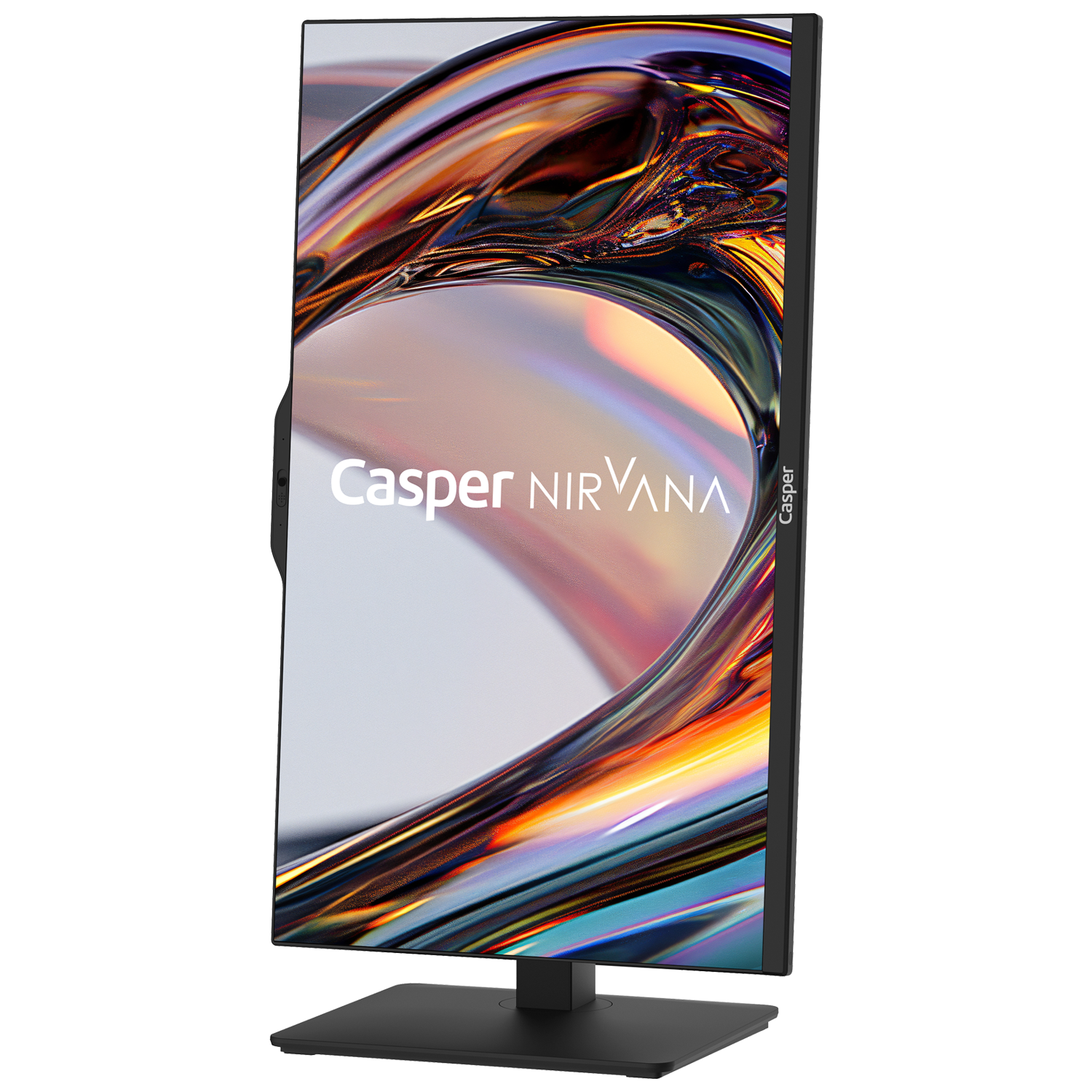 Casper Nirvana logolu bir bilgisayar monitörü. Ekran, soyut, renkli bir desen gösterir. Monitör siyahtır ve siyah bir stand üzerinde duruyor.