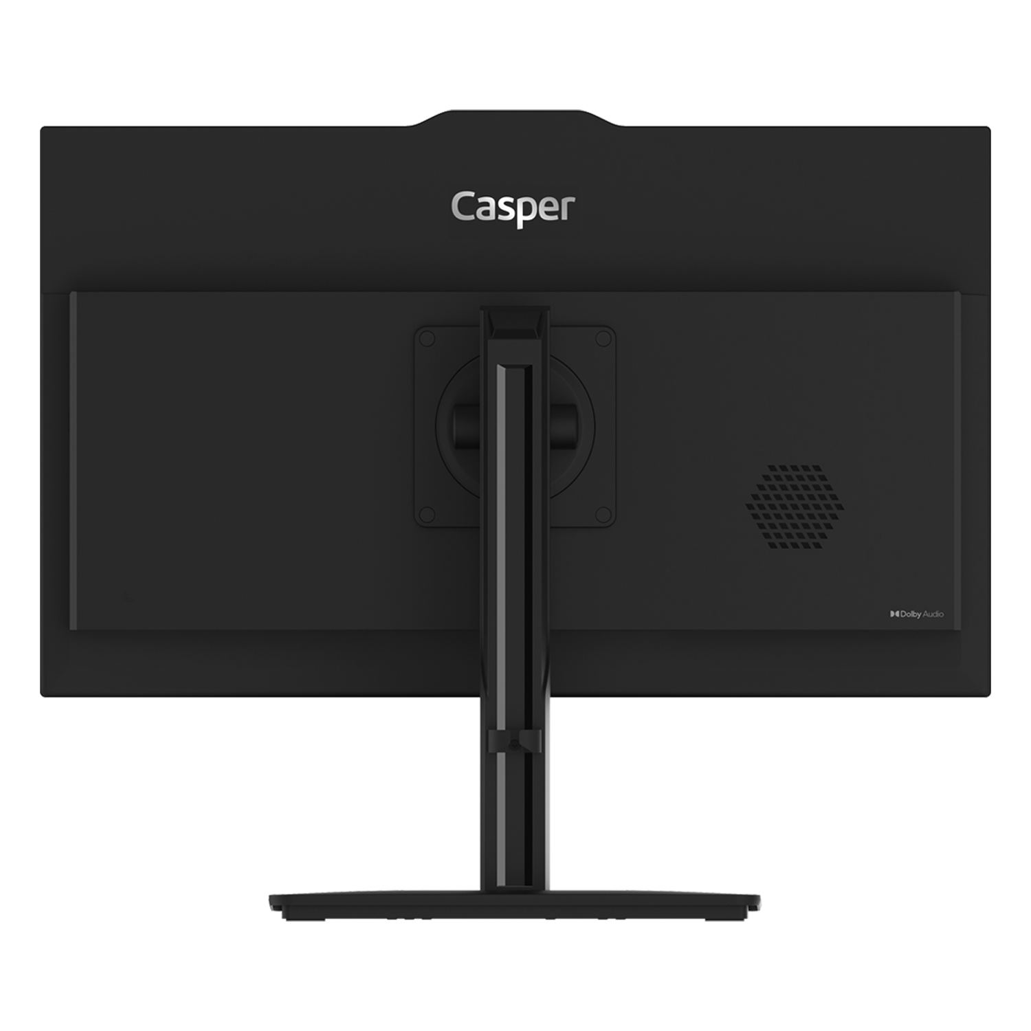 Siyah bir bilgisayar monitörünün arka görünümü. 'Casper' markası görünür. Bir stand monitöre takılıdır.