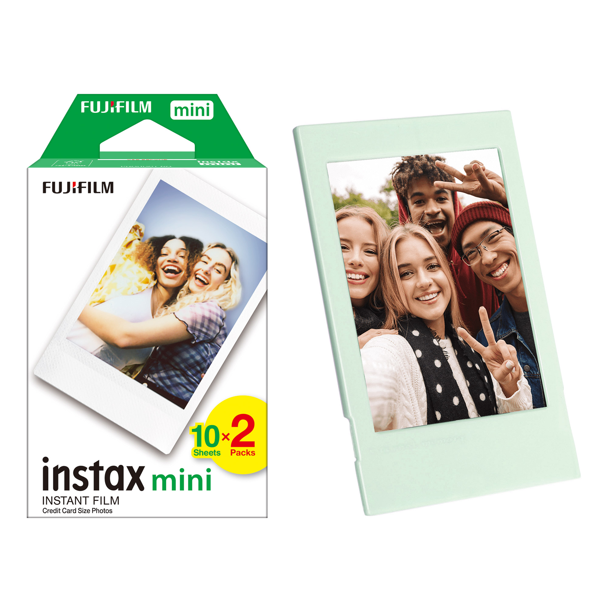 Gülümseyen insanların fotoğrafı ve bir fotoğraf çerçevesi ile FujiFilm Instax Mini film paketi.