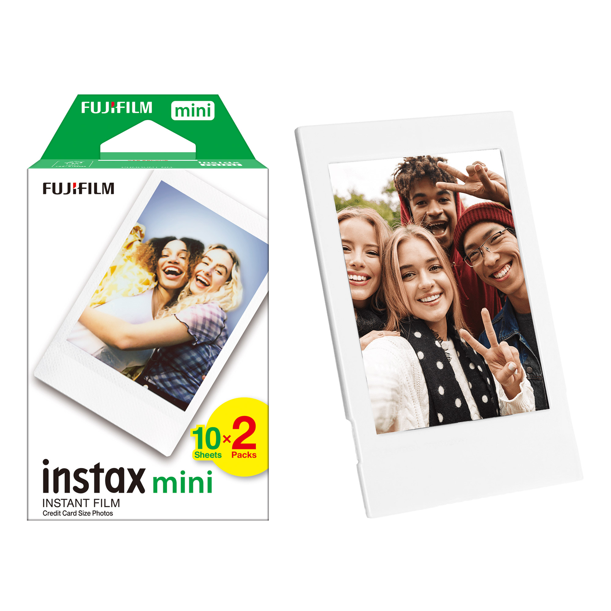 Gülümseyen bir grup arkadaşın fotoğrafıyla Instax Mini film paketi. İkinci bir fotoğraf iki gülen kadını gösteriyor.