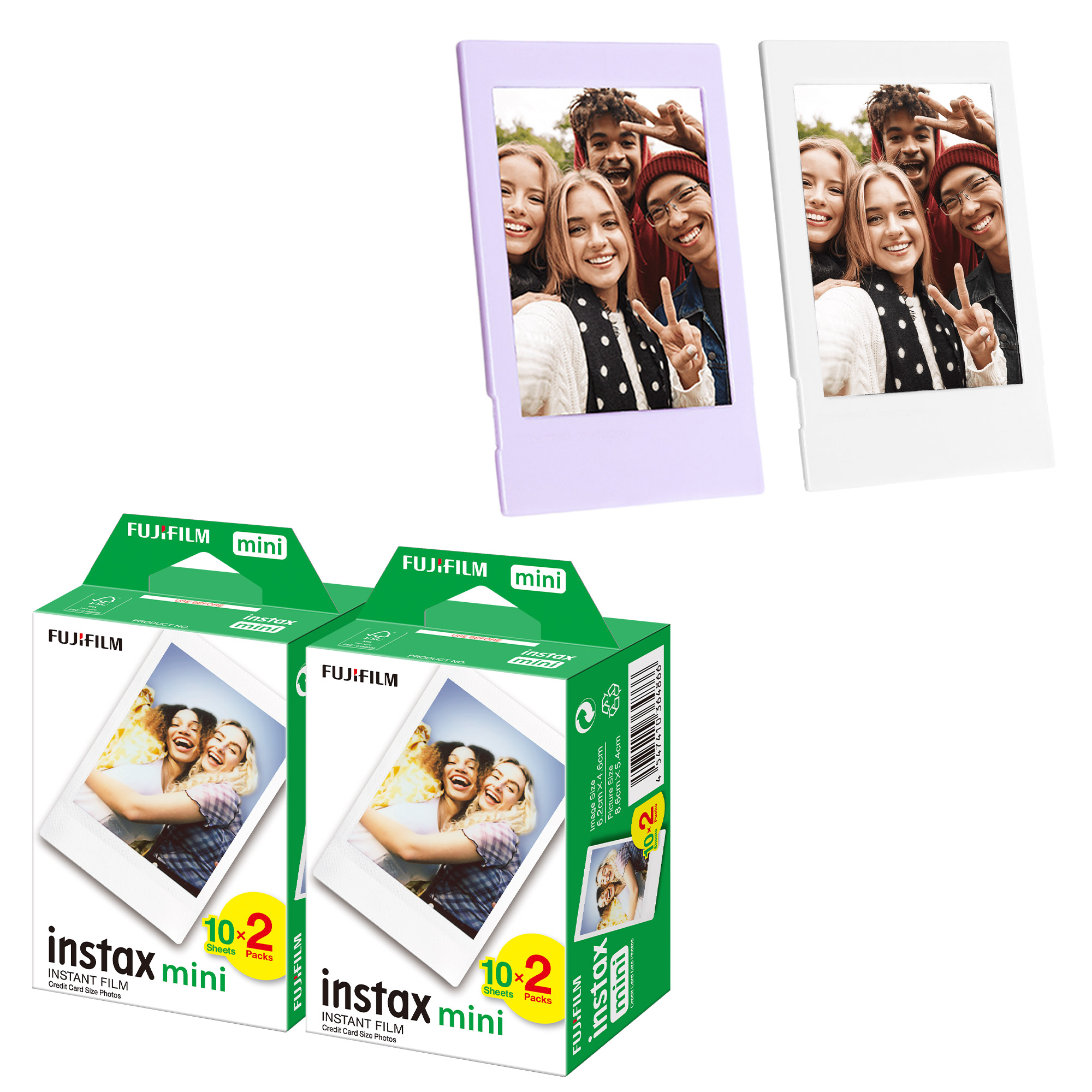 Görüntüde iki Instax fotoğrafı, bir grup insanla mor ve beyaz çerçeve ve iki kutu Instax mini film bulunuyor.