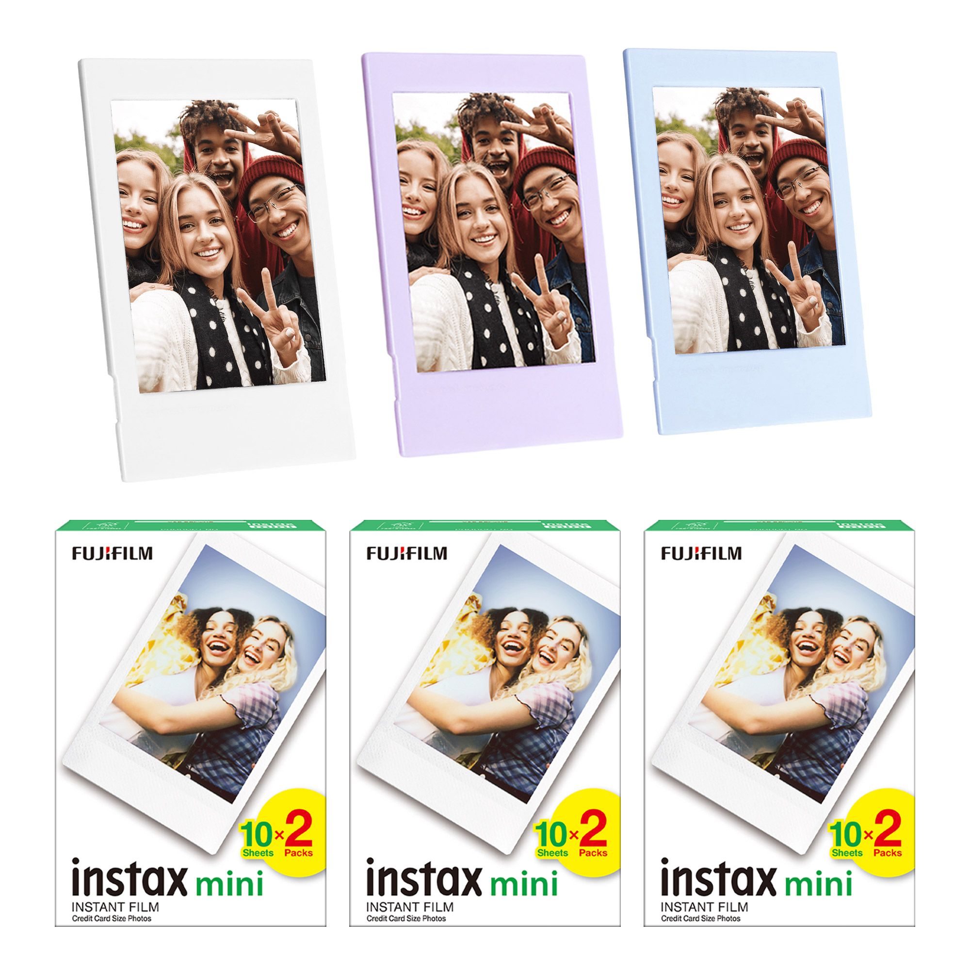Bir kolaj, polaroid tarzı fotoğraflar ve film paketleri gösterir. Fotoğraflarda gülen bir grup var. Film paketlerinde gülen kadınlar var.
