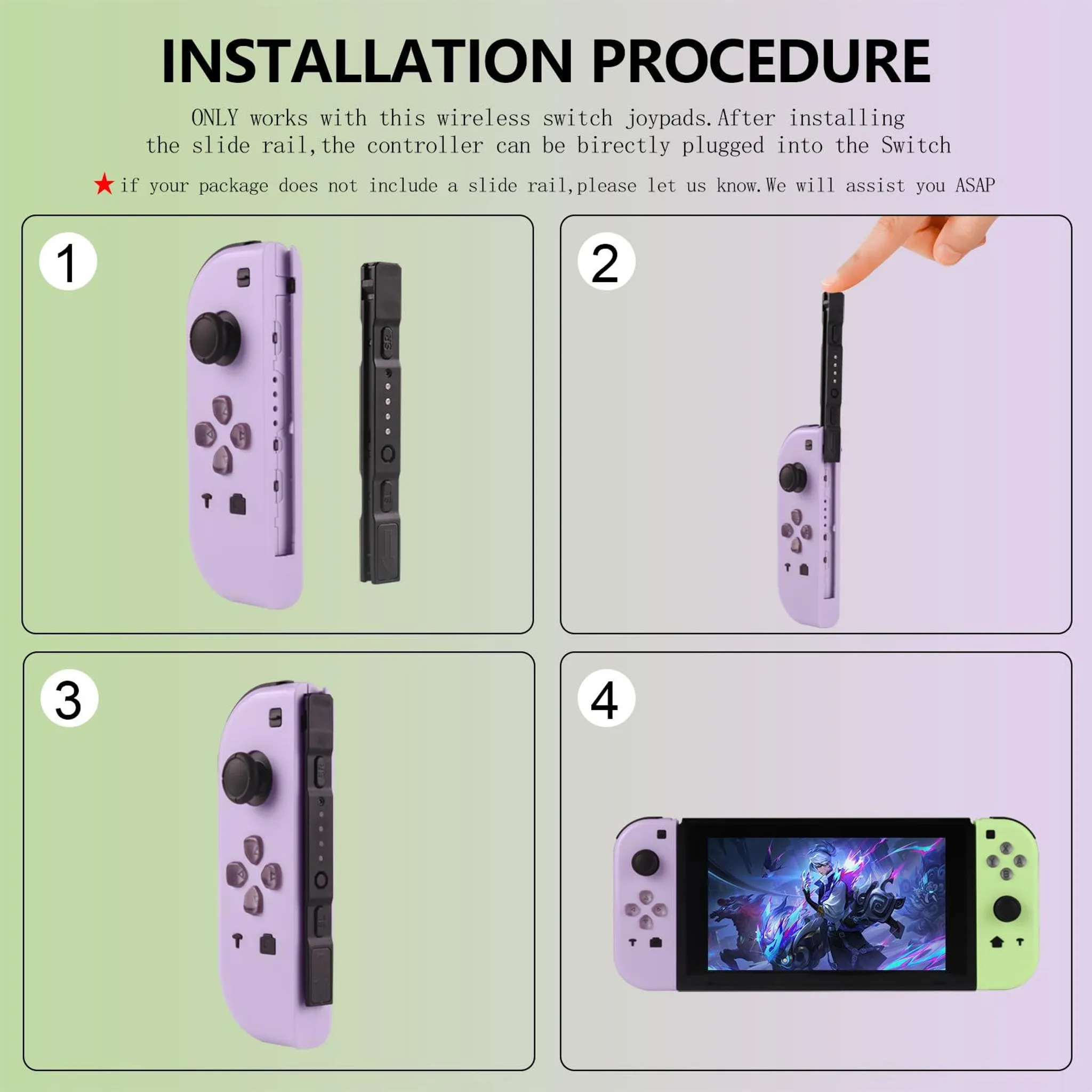 Installationsanleitung zeigt, wie man lila Joy-Con an den Switch anschließt. Schritt 4 zeigt den Switch mit Spiel.