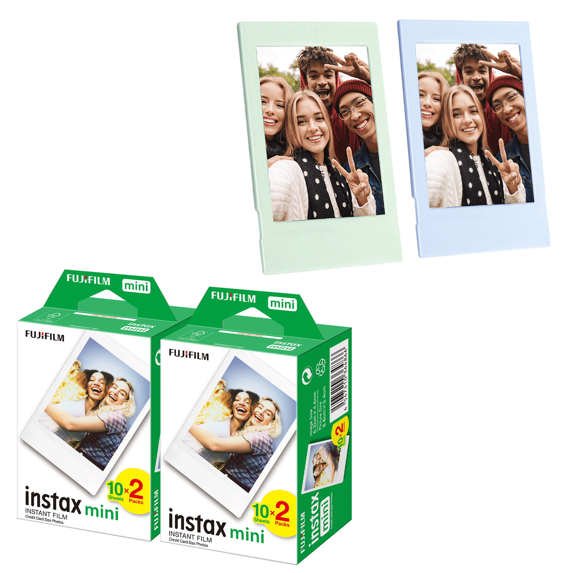 Görüntü, anında film paketlerini ve fotoğrafları gösteriyor. İnsanlar gülümsüyor. Çerçeveler yeşil ve mavidir.