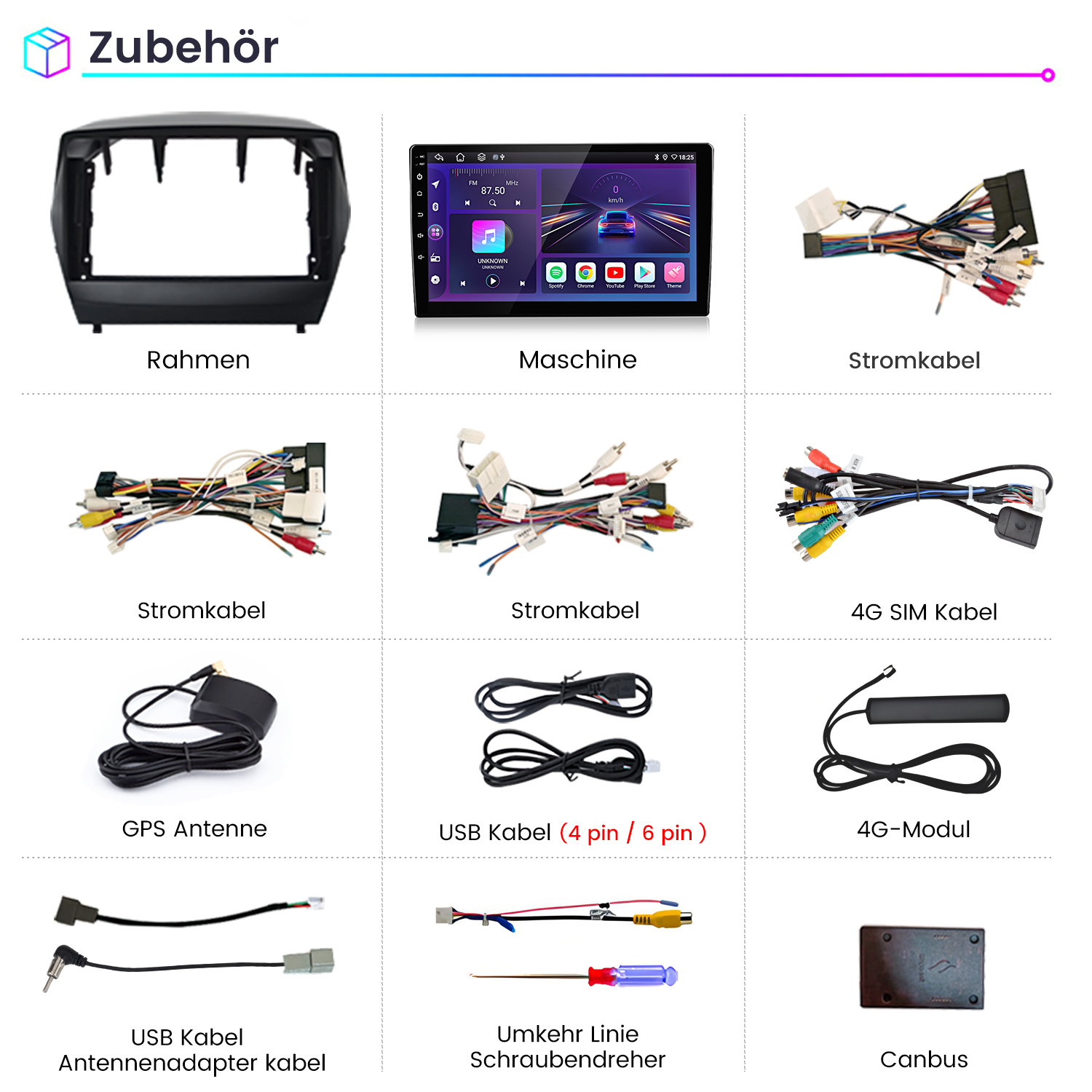 Das Bild zeigt Auto-Audio-Zubehör: Rahmen, Maschine, Kabel, Antennen, USB-Kabel, Schraubendreher und Canbus.