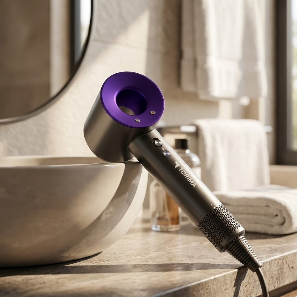 Koyu gri ve mor bir saç kurutma makinesi banyo tezgahında duruyor. Arka planda bir lavabo ve ayna, havlularla birlikte yer alıyor.