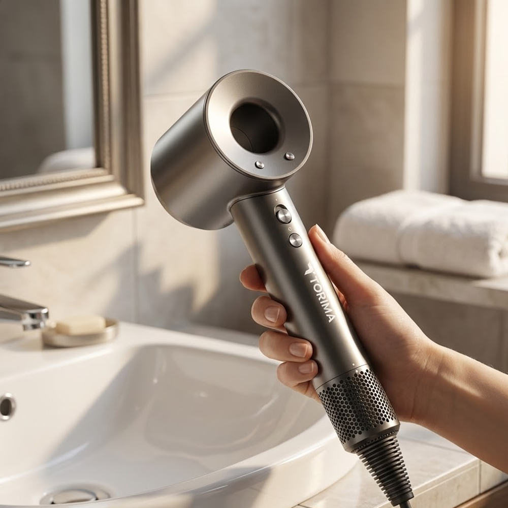 Bir el, banyoda gri bir saç kurutma makinesi tutuyor. Arka planda bir lavabo, ayna ve havlu var. Saç kurutma makinesi 'TORIMA' olarak etiketlenmiş.