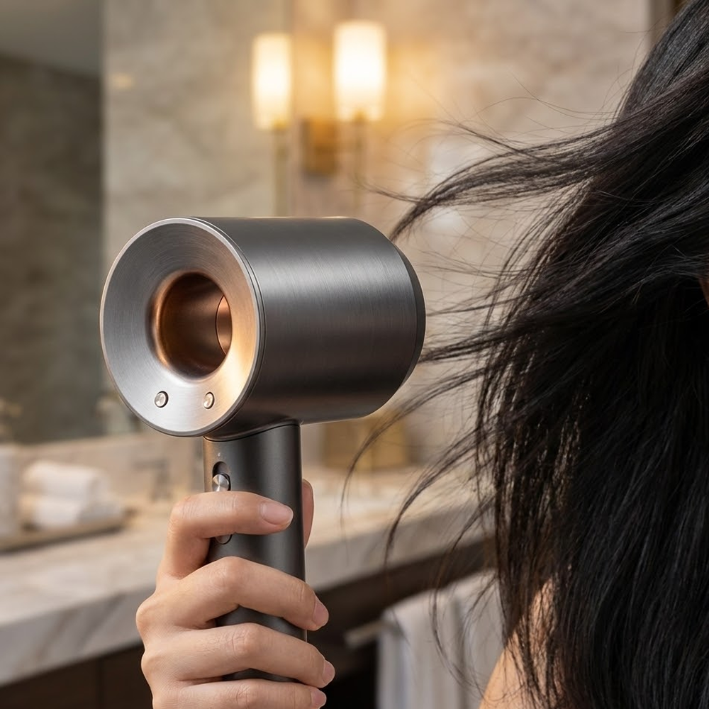 Bir kişi gri bir saç kurutma makinesi kullanıyor. Saçlar siyah ve dalgalı. Arka planda ayna, ışıklar ve banyo aksesuarları var.
