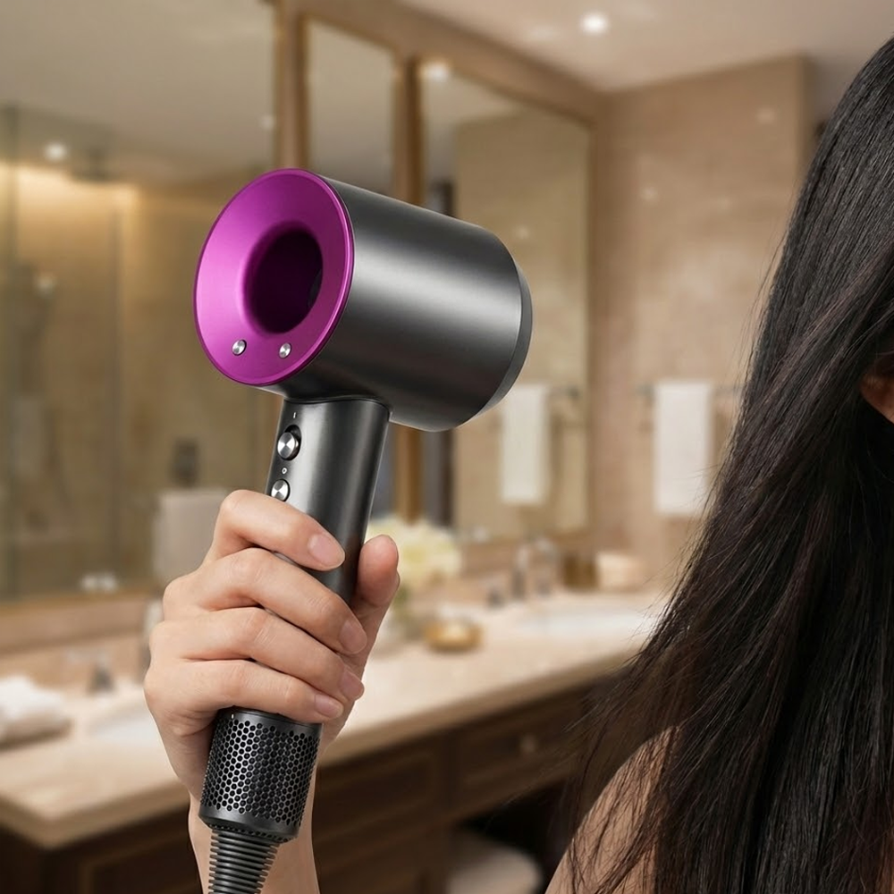 Bir kişi siyah ve mor bir saç kurutma makinesi tutuyor. Arka planda ayna ve lavabosu olan bir banyo görülüyor.