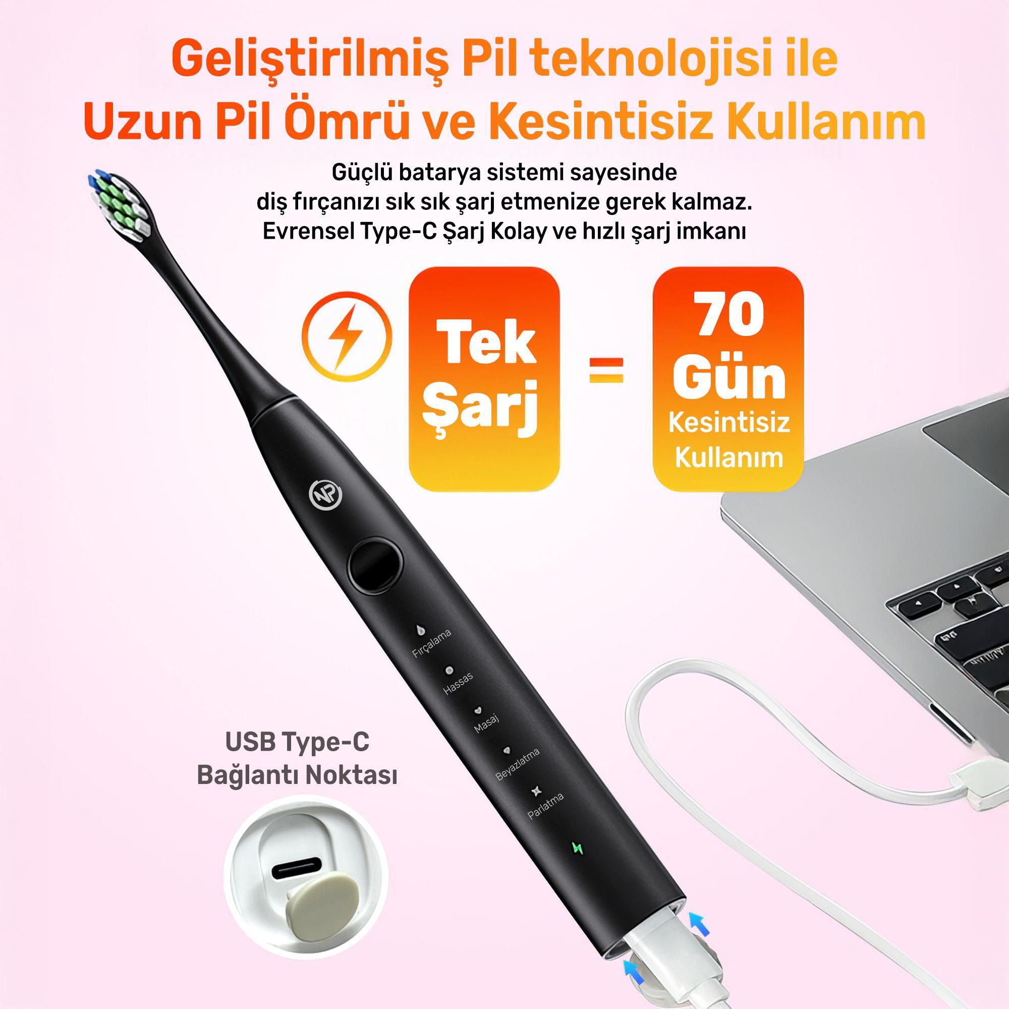 Şarj kablolu siyah elektrikli diş fırçası, bir dizüstü bilgisayar ve pil ömrü ve şarj hakkında metin.