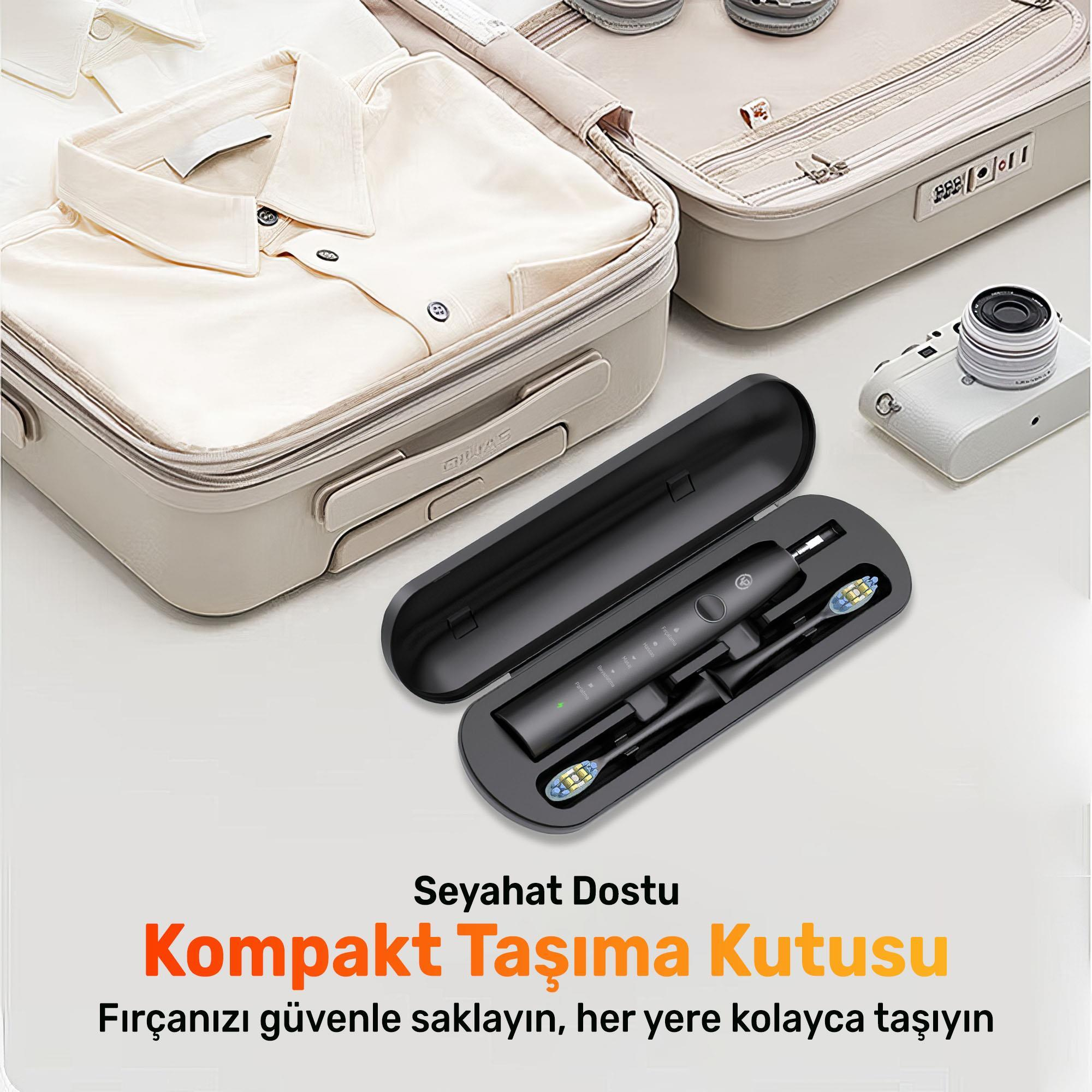 Seyahat temalı bir resimde bavul, gömlek, kamera ve siyah bir diş fırçası seti yer alıyor.