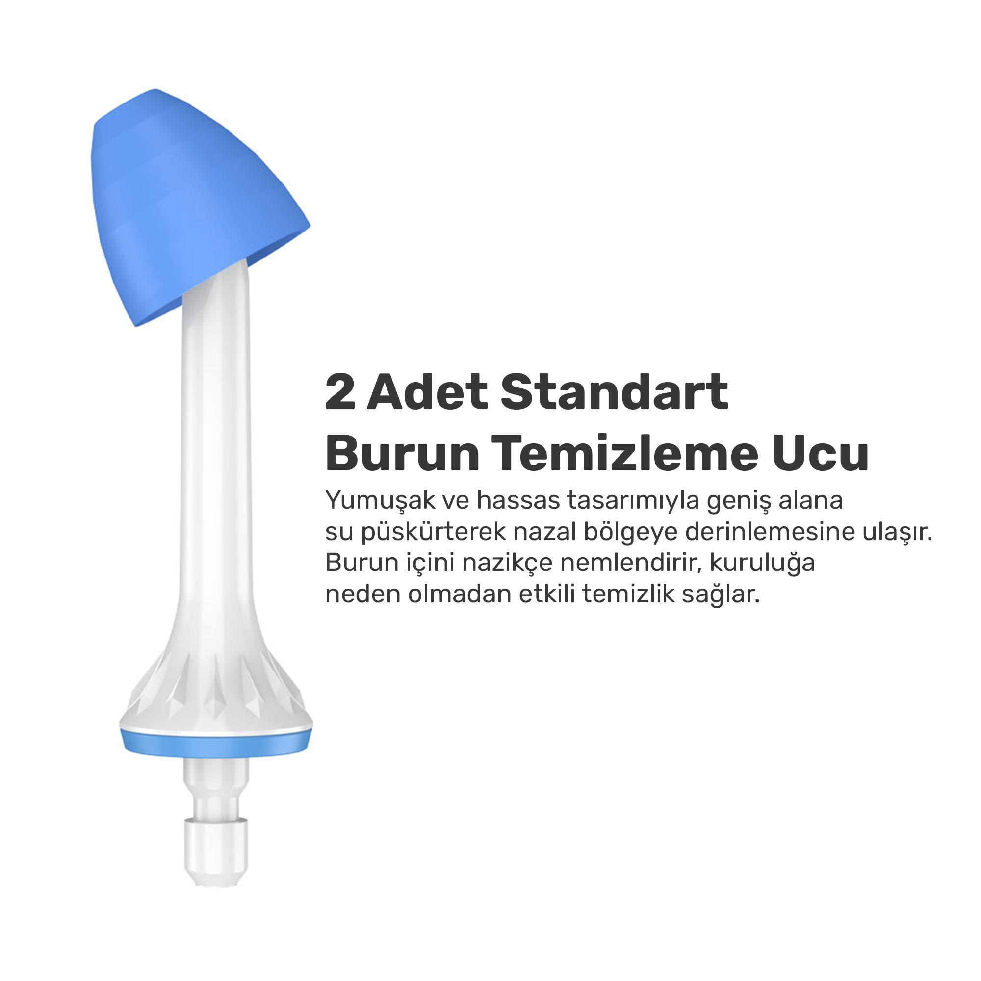 Beyaz ve mavi burun temizleme cihazı. Mavi koni şeklinde bir ucu ve Türkçe metin bulunmaktadır.