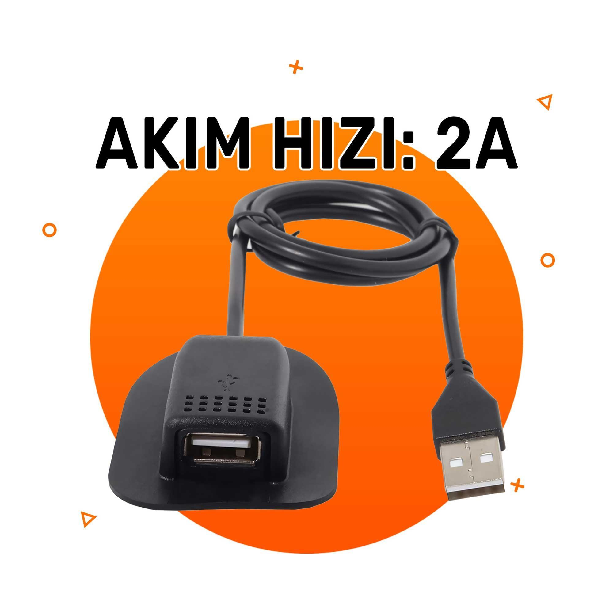 Siyah USB kablosu, fiş ve USB konektörü, turuncu arka plan üzerinde, 'AKIM HIZI: 2A' metniyle.