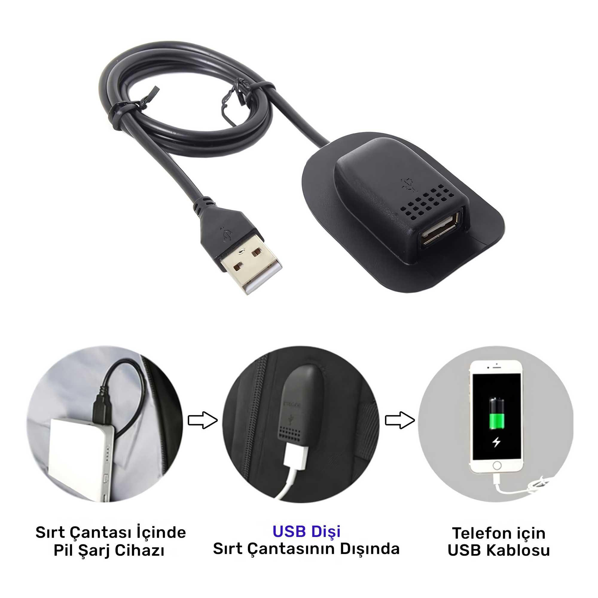 USB portlu, şarj portlu siyah bir USB kablosu ve taşınabilir bir şarj cihazından şarj olan bir telefon.