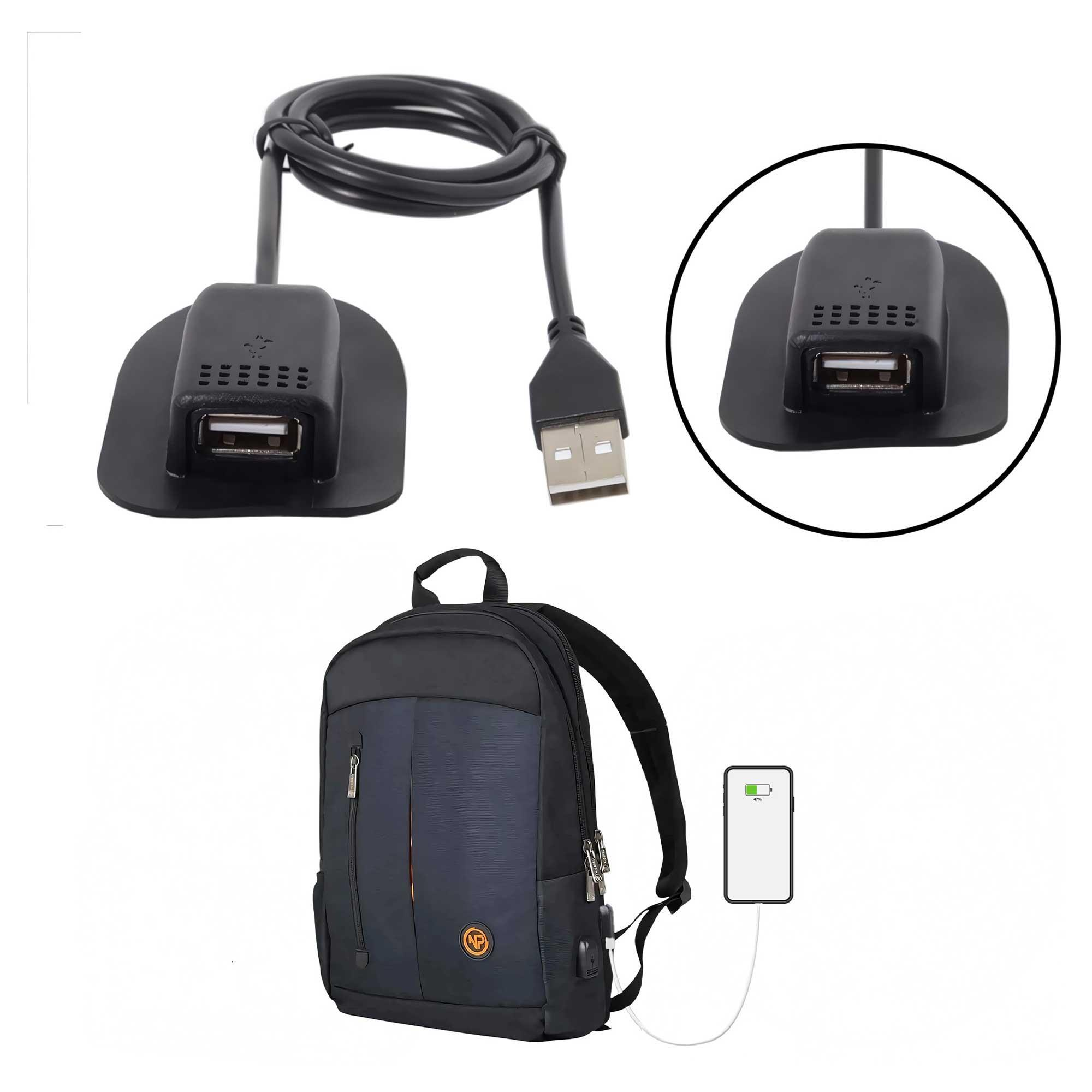 Görüntüde bir USB şarj cihazı, sırt çantası ve şarj olan bir telefon görülüyor. Telefon %47 pil gösteriyor.