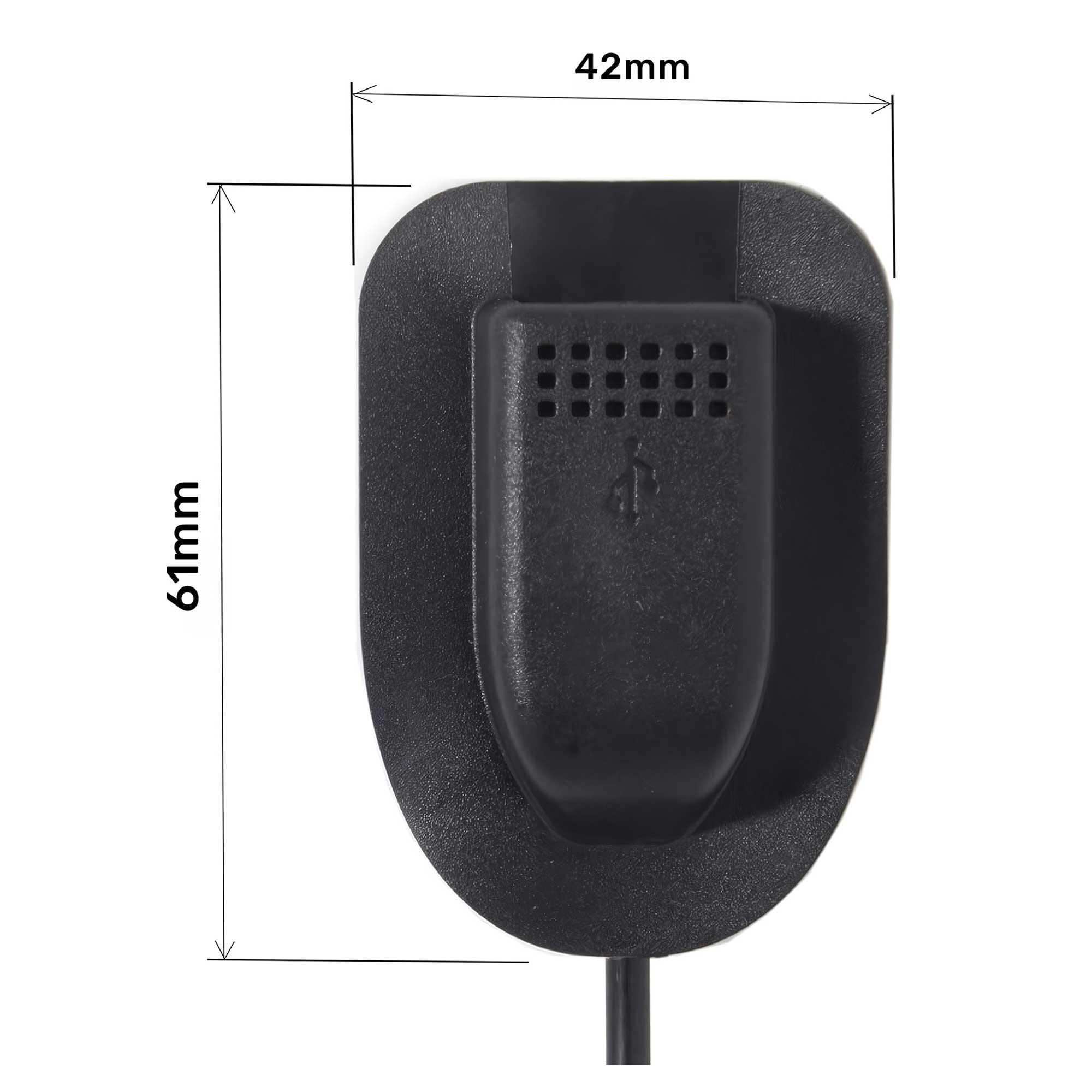 Ölçüleri olan siyah bir ses cihazı. USB sembolü ve 42 mm x 61 mm boyutunda dikdörtgen bir merkeze sahiptir.
