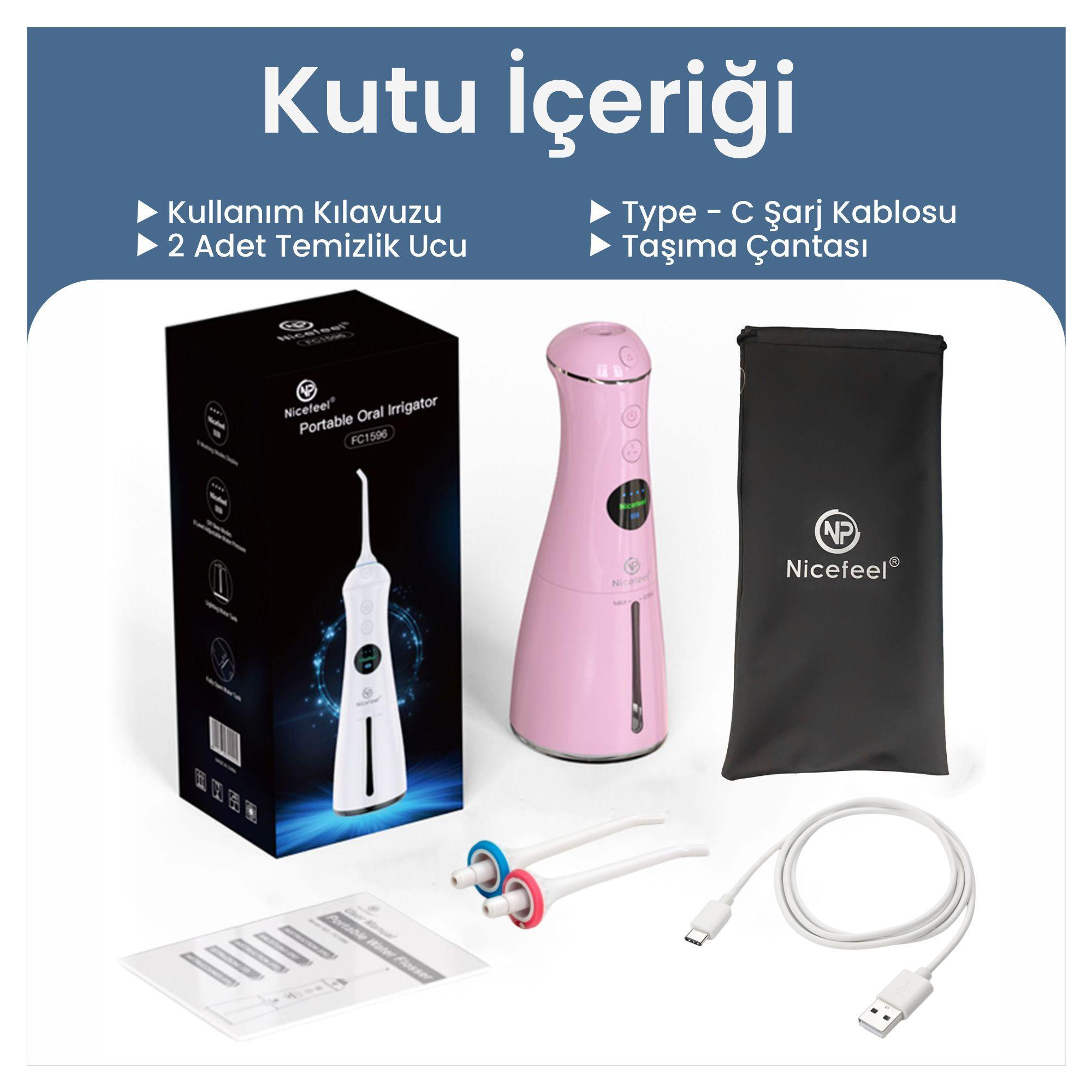 Ağız duşu, pembe irrigator, temizleme uçları, Tip-C kablosu, kılavuzlar ve siyah taşıma çantası içeren bir kutu.