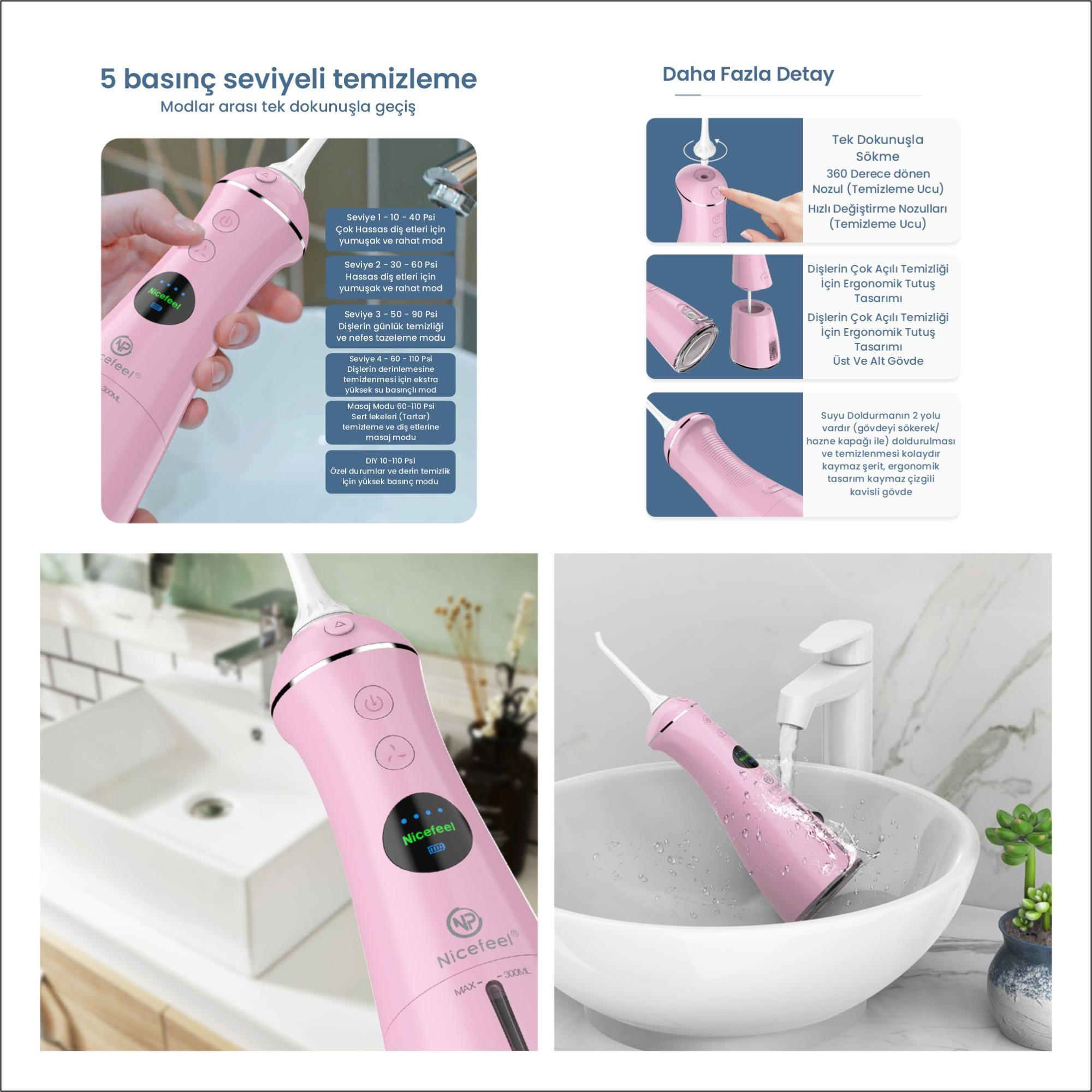 Açıklamalarıyla pembe Nicefeel ağız duşu. Özellikleri arasında basınç ayarları, ergonomik tasarım ve su doldurma seçenekleri bulunur.