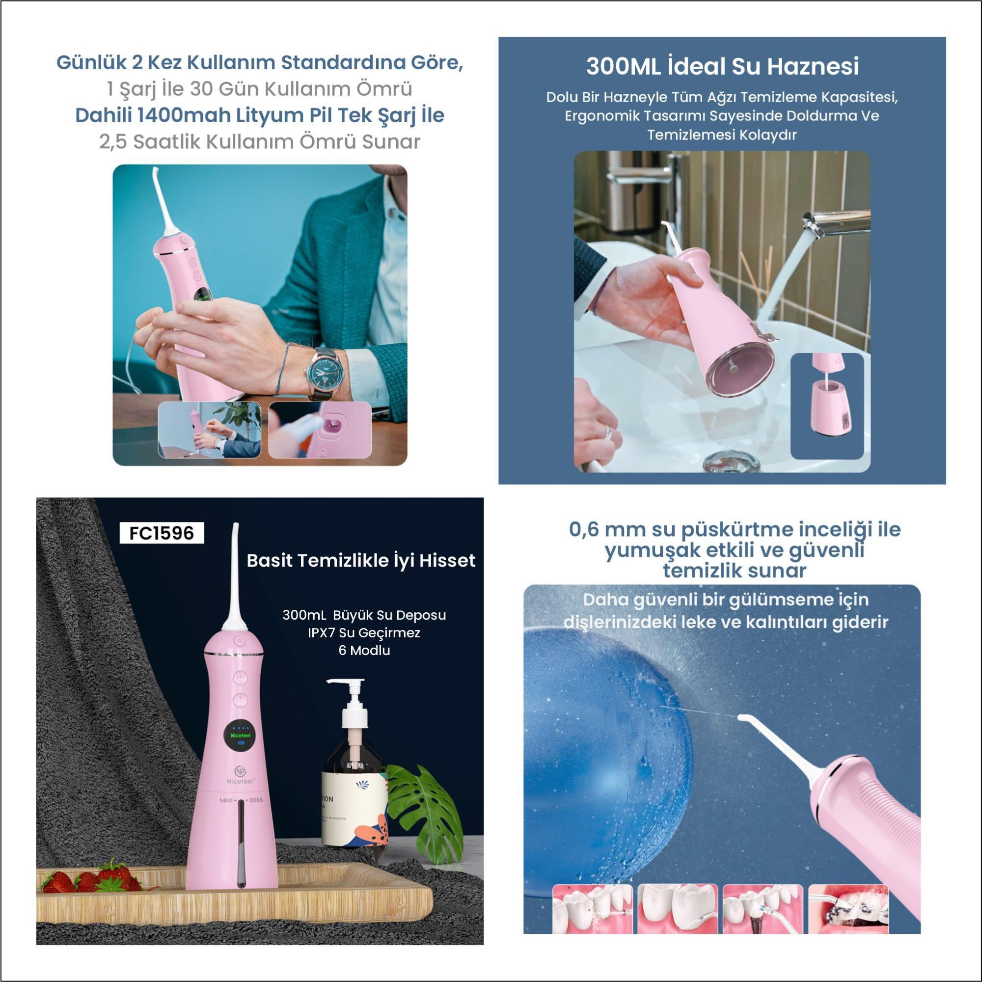 Pembe ağız duşu. Su deposu, modlar ve şarj bilgileri bulunur. Ek ürünler de görülebilir.
