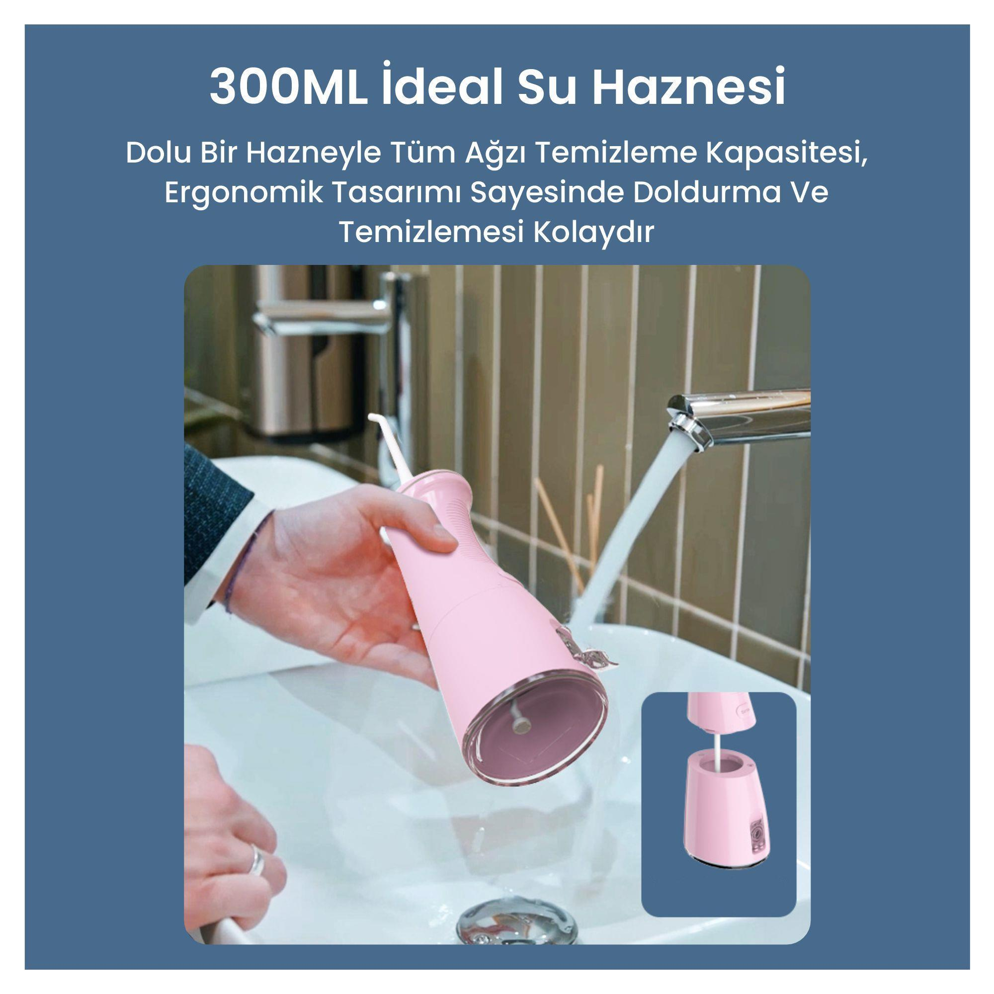 Bir kişi pembe bir ağız duşunu bir musluğun altında tutuyor, lavaboya su akıyor. Küçük bir resim cihazın demonte edilmiş halini gösteriyor.