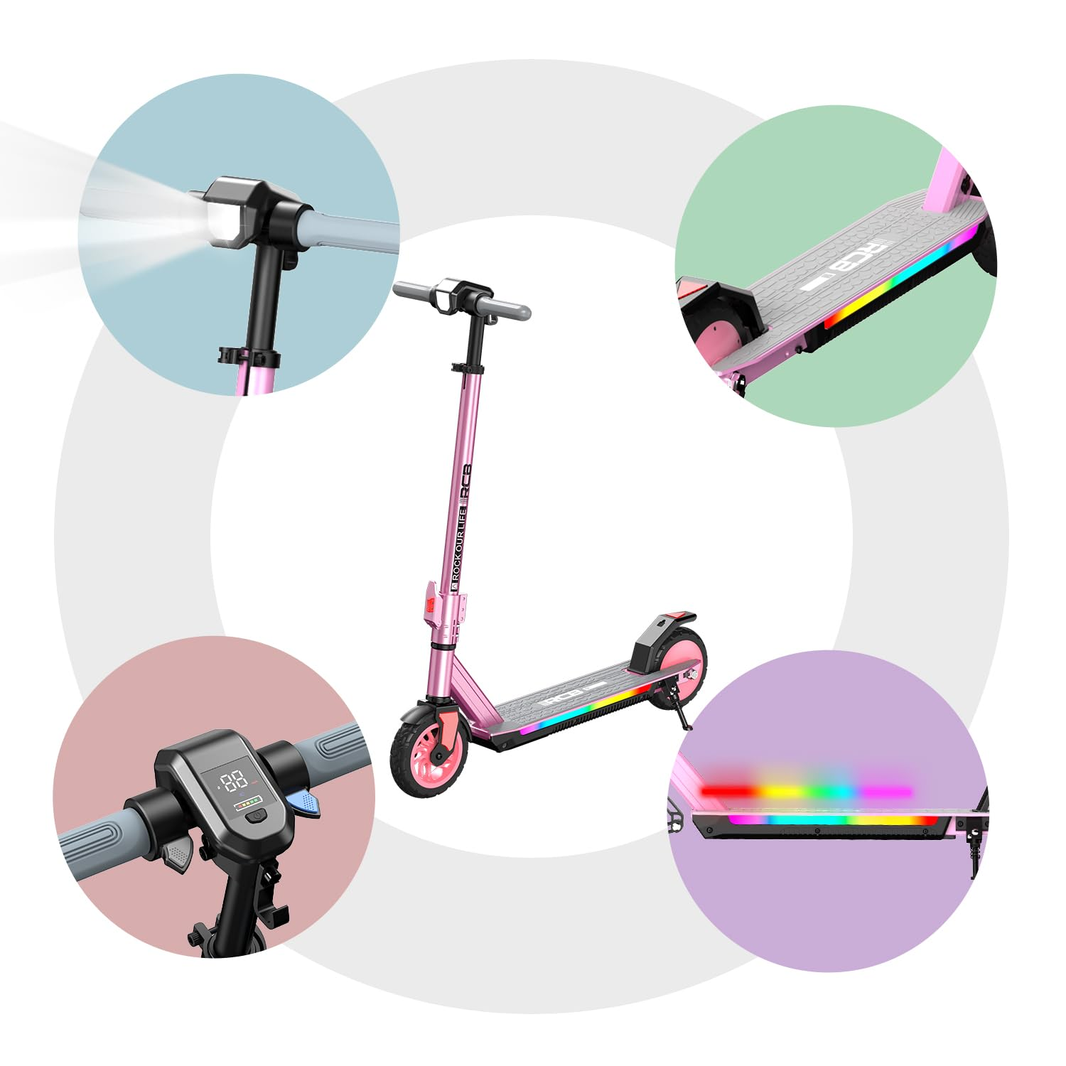 Roze elektrische scooter met LED-verlichting. Details tonen koplamp, stuur, dek en onderstel met gekleurde lichten.