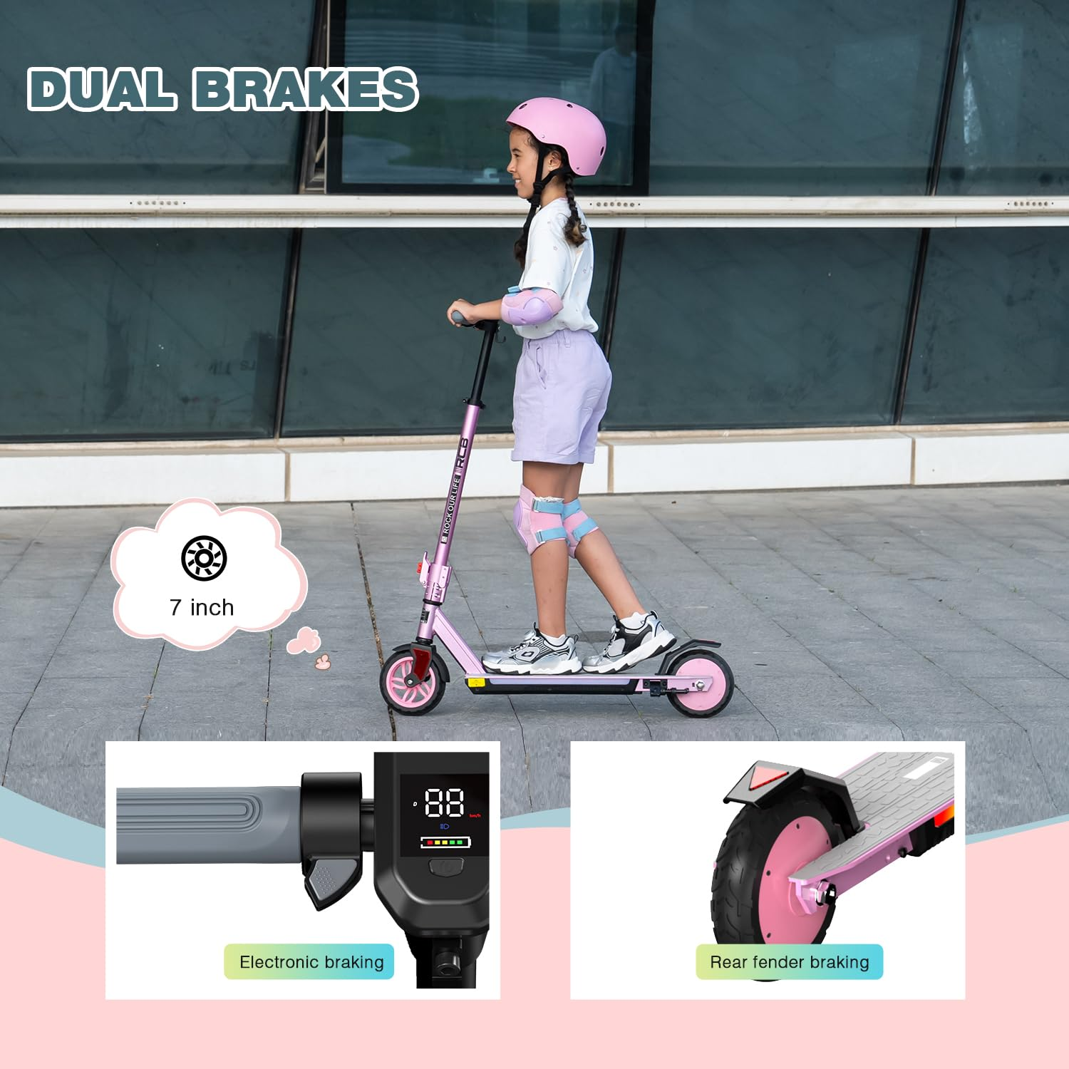 Een meisje met een roze helm en beschermende kleding rijdt op een roze scooter, met dubbele remsystemen en 7-inch wielen.