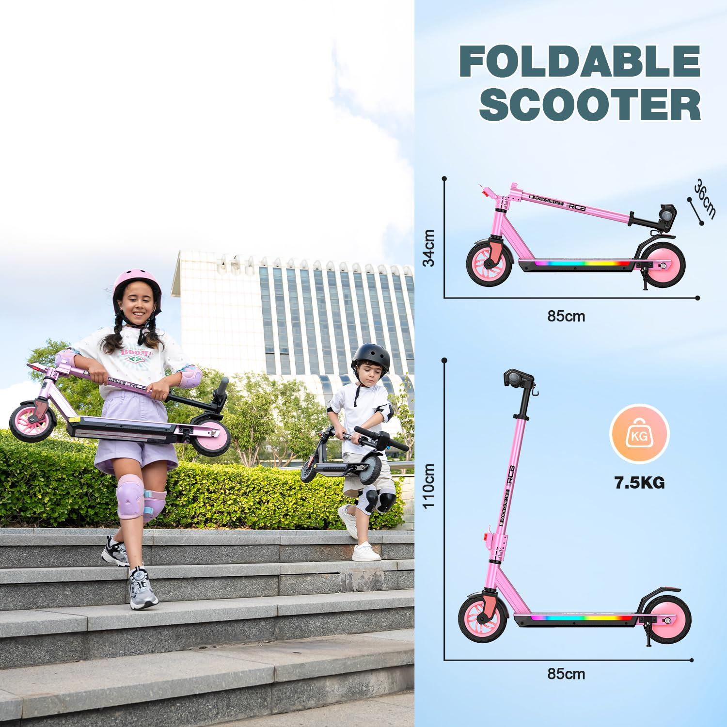 Zwei Kinder mit Rollern gehen eine Treppe hinunter. Das Bild hat ein rosa Rollerdiagramm mit Abmessungen und Gewichtsangaben.