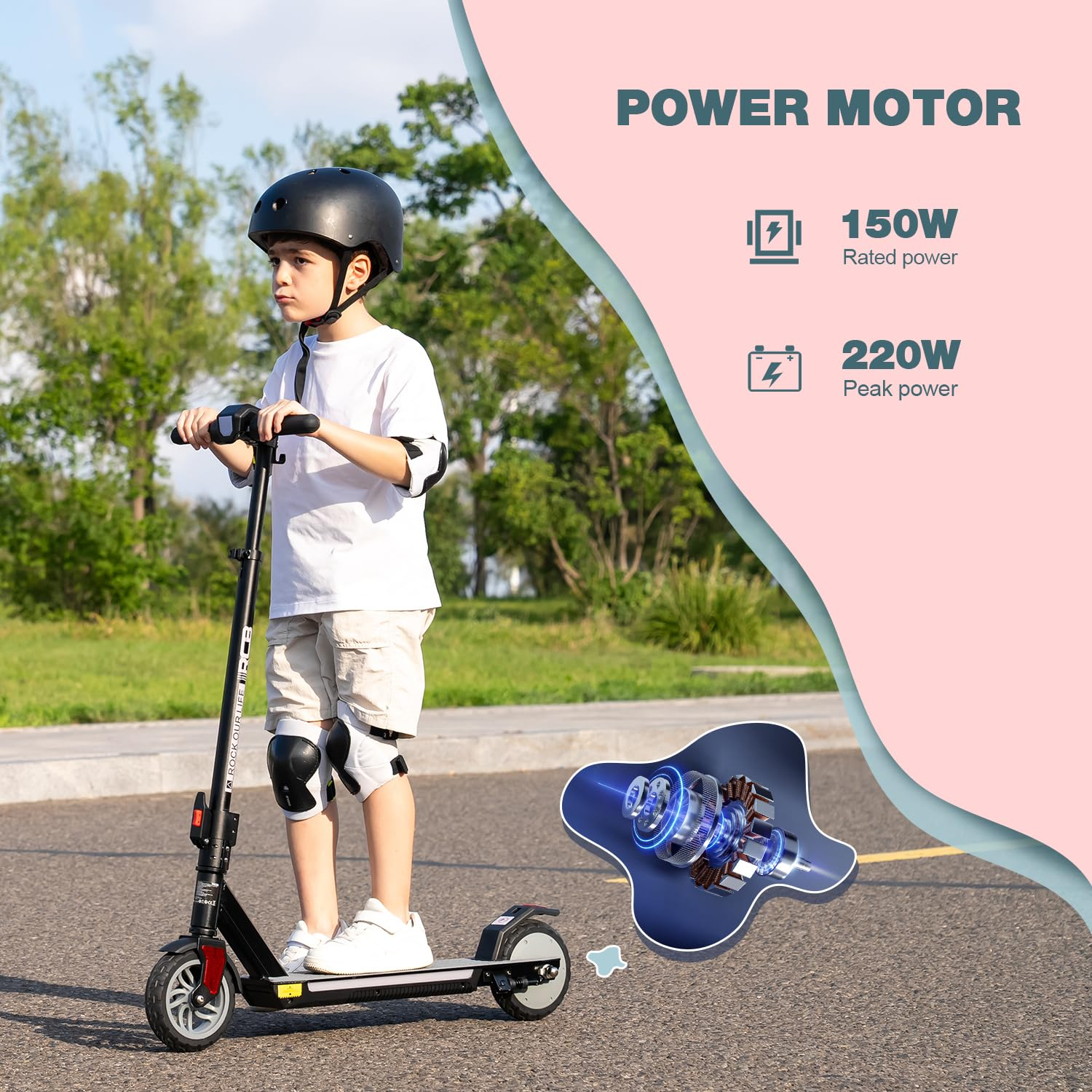 Een jongen met helm rijdt op een elektrische step op asfalt. Tekst toont informatie over de motor en diagram.