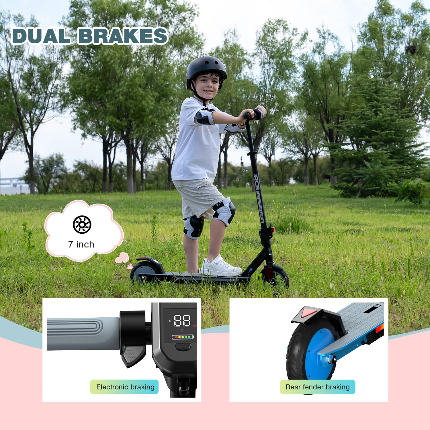 Een jongen op een elektrische step met dubbele remmen. Details tonen elektronisch remmen en remmen op de achterspatbord. Hij draagt een helm en beschermers.