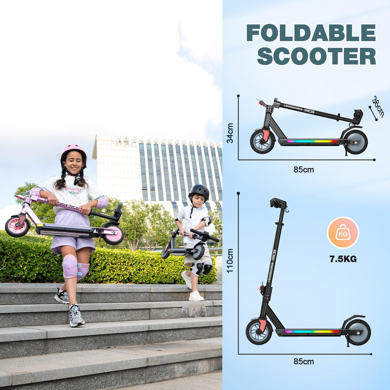 Twee kinderen met scooters lopen de trap af. De afbeelding toont een opgevouwen en een uitgevouwen scooter, met afmetingen.