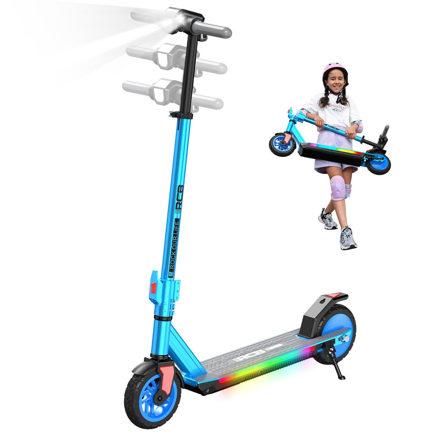 Een blauwe elektrische scooter met een meisje dat een andere vasthoudt. De scooter heeft lichten en het meisje draagt een helm en beschermers.
