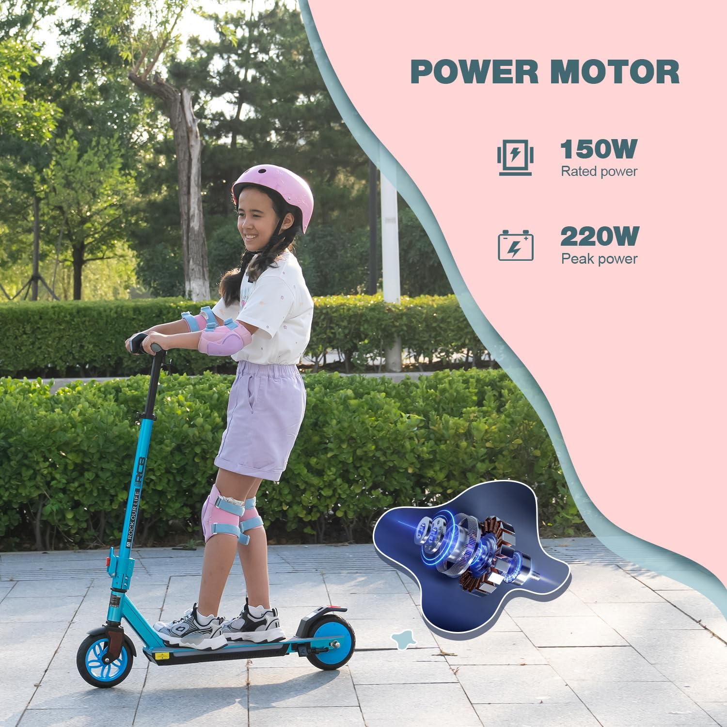 Een meisje met een helm rijdt op een blauwe scooter. Tekst zegt 'POWER MOTOR', met 150W en 220W details. Bevat een motordiagram.