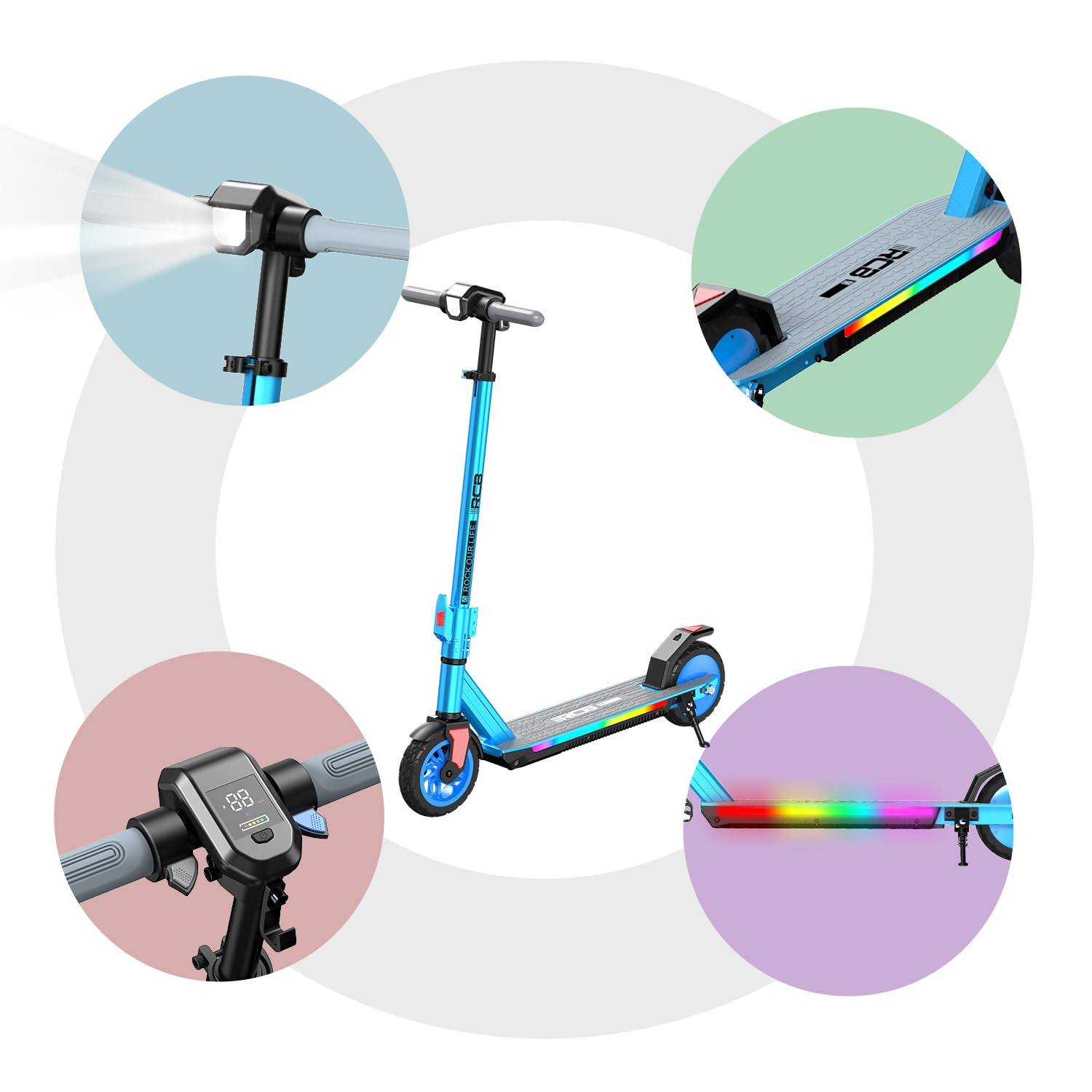 Een blauwe elektrische scooter met koplamp en kleurrijke lichten op het dek. Details: stuur en wiel.