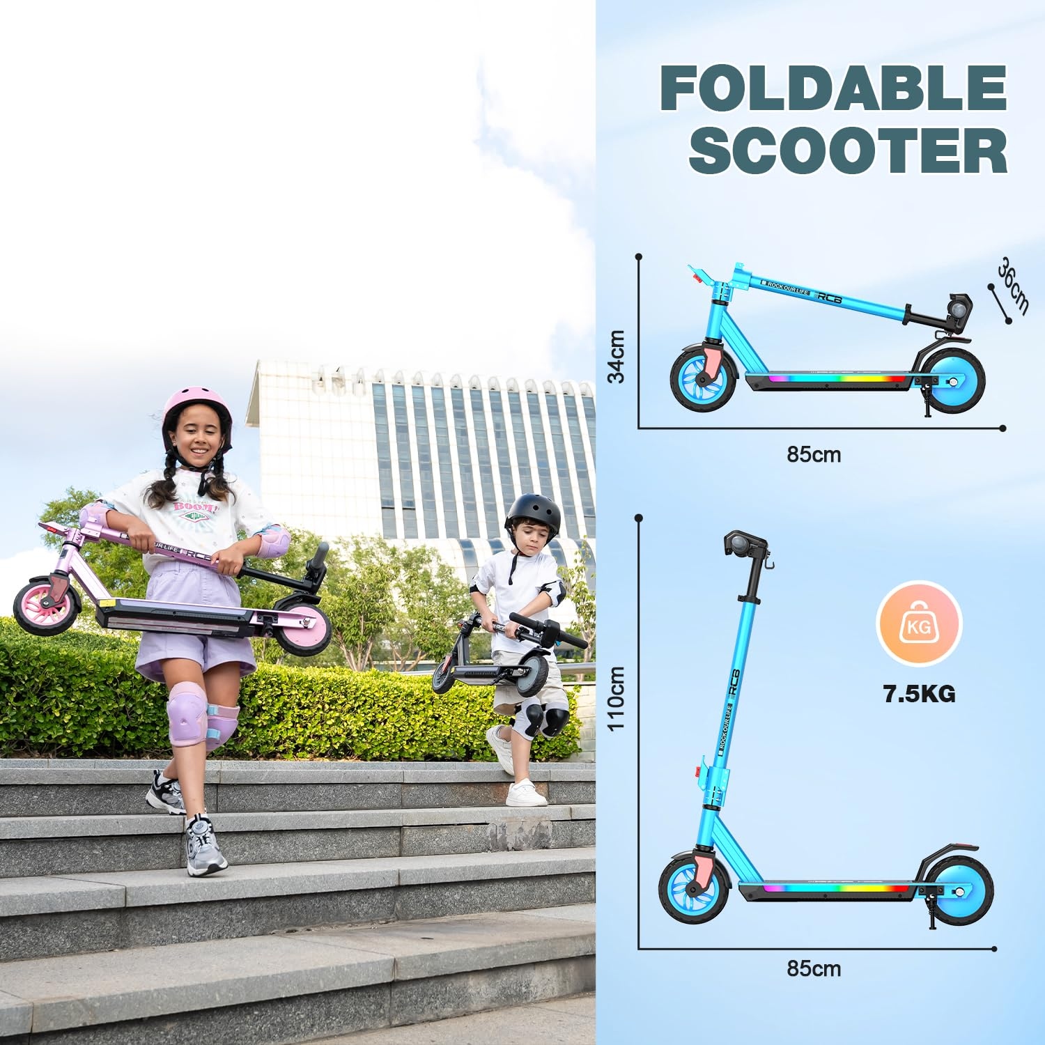 Zwei Kinder mit Rollern gehen Treppen hinunter. Das Bild enthält Produktdetails: ein zusammenklappbarer Roller und seine Abmessungen.