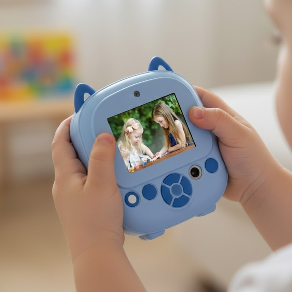 Bir çocuk, iki kız çocuğunu gösteren mavi bir kamera tutuyor. Kameranın kedi kulakları var. Kızlar tırnaklarını boyuyor.