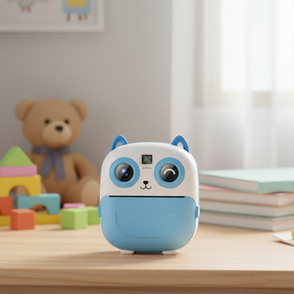 Panda yüzlü bir kamera ahşap bir masada duruyor. Arka planda bir oyuncak ayı, bloklar ve kitaplar var.