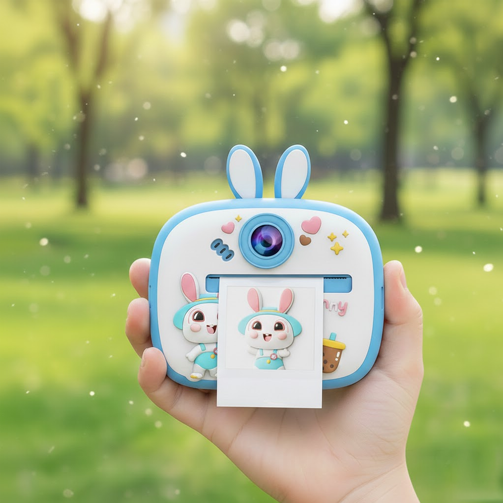 Bir el, tavşan temalı bir anında fotoğraf makinesi tutuyor. Mavi ve beyaz bir tasarıma ve basılı bir fotoğrafa sahip. Yeşil arka plan.